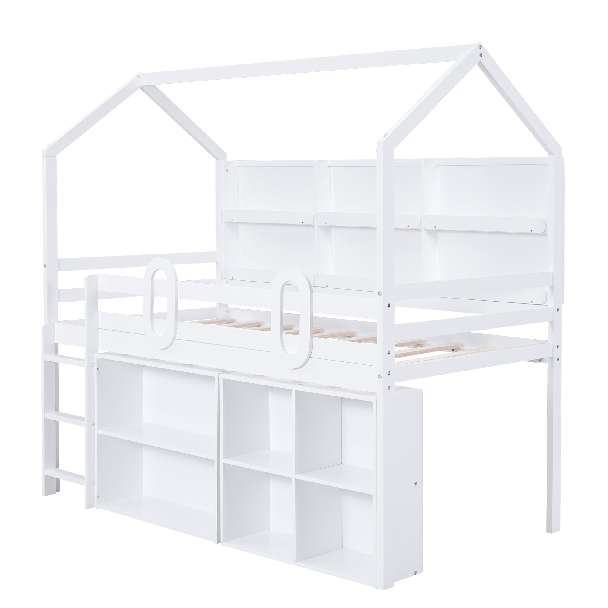 Twin Size House Loft Bed with Multiple Storage Shelves, White - Atlantic Fine Furniture Melbourne FL