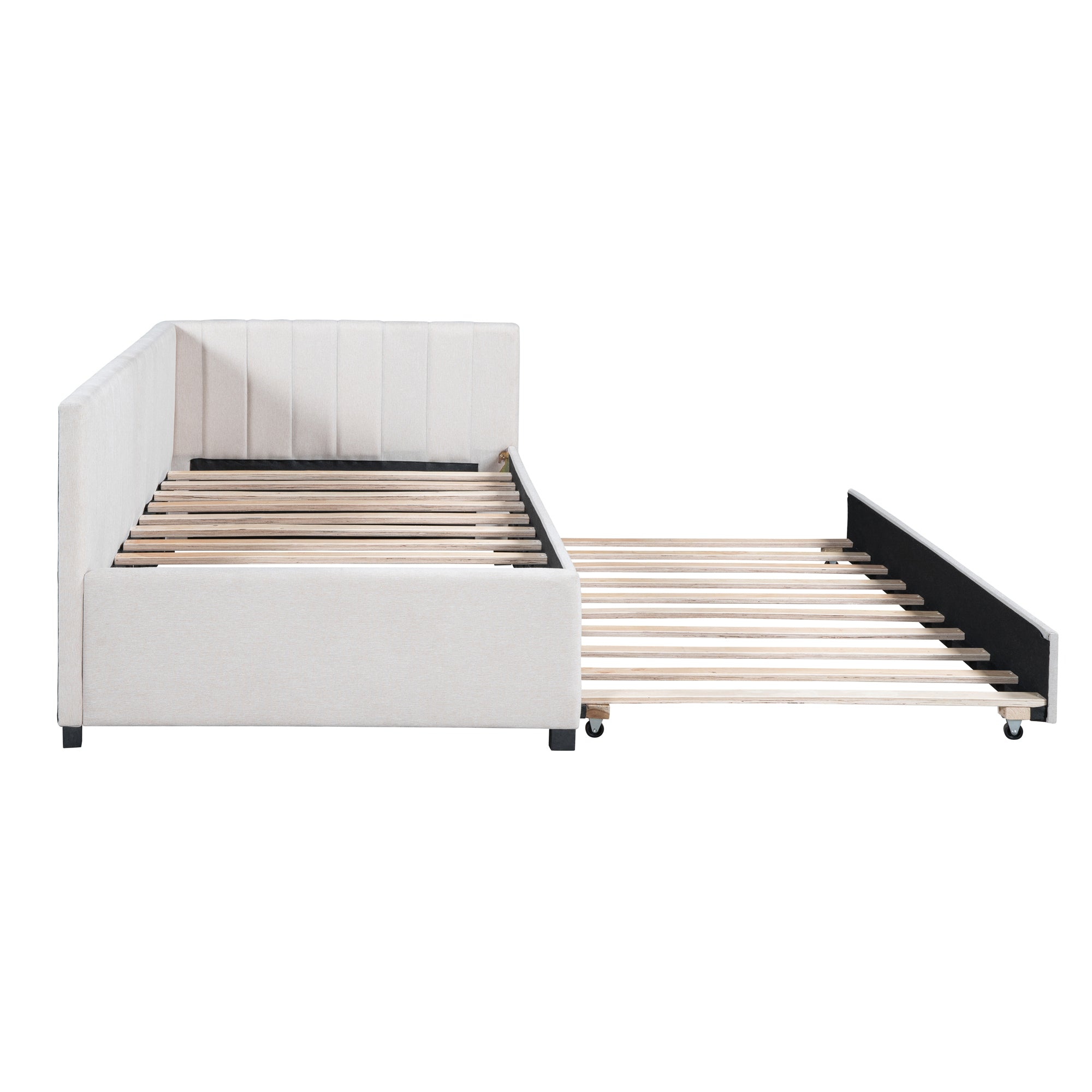 Upholstered Daybed with Trundle Twin Size Sofa Bed Frame No Box Spring Needed, Linen Fabric(Beige) - Atlantic Fine Furniture Melbourne FL