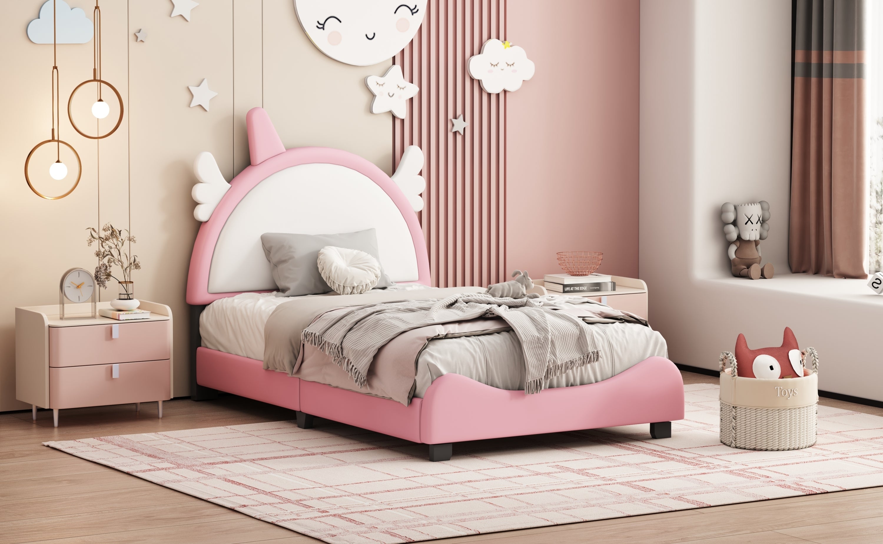 Cute Twin size Upholstered Bed With Unicorn Shape Headboard,Twin Size Platform Bed with Headboard and Footboard,White+Pink - Atlantic Fine Furniture Melbourne FL