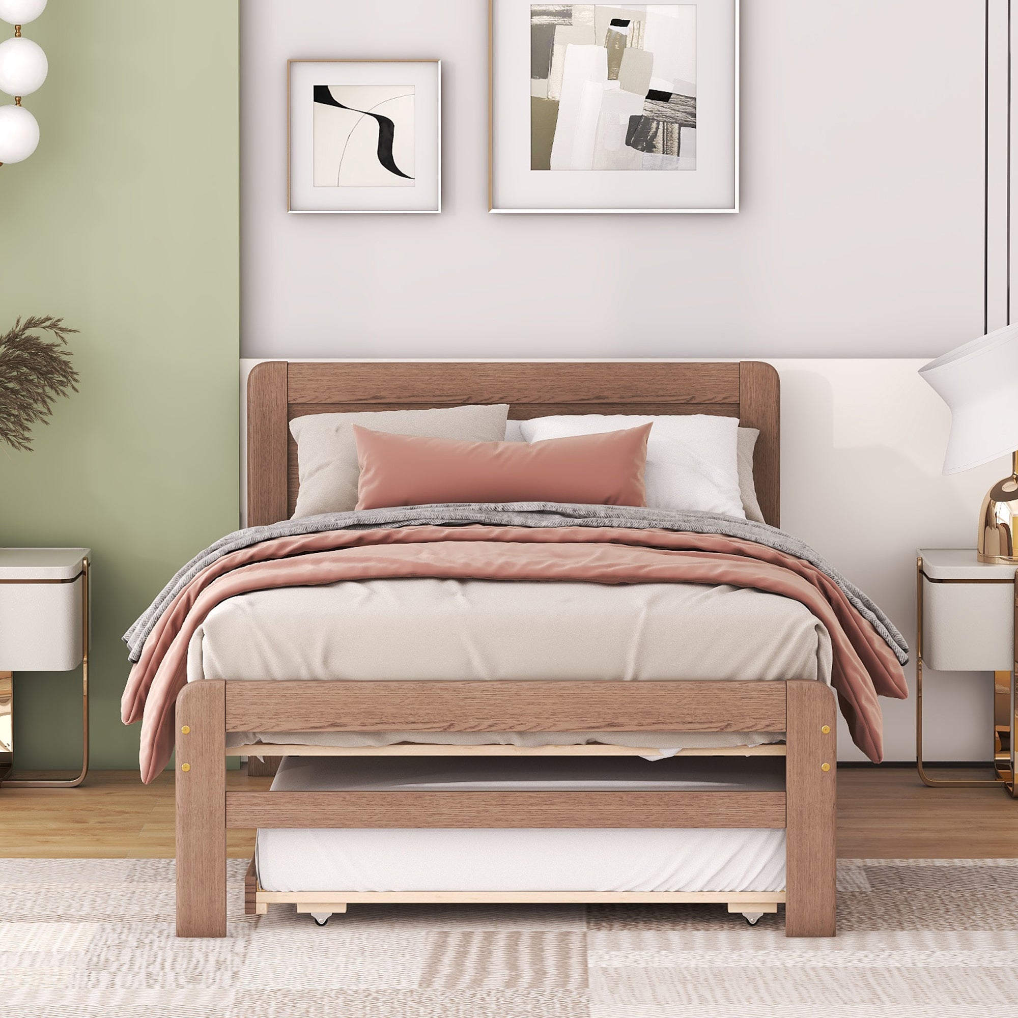 Modern Design Wooden Twin Size Platform Bed Frame with Trundle for Walnut Color - Atlantic Fine Furniture Melbourne FL