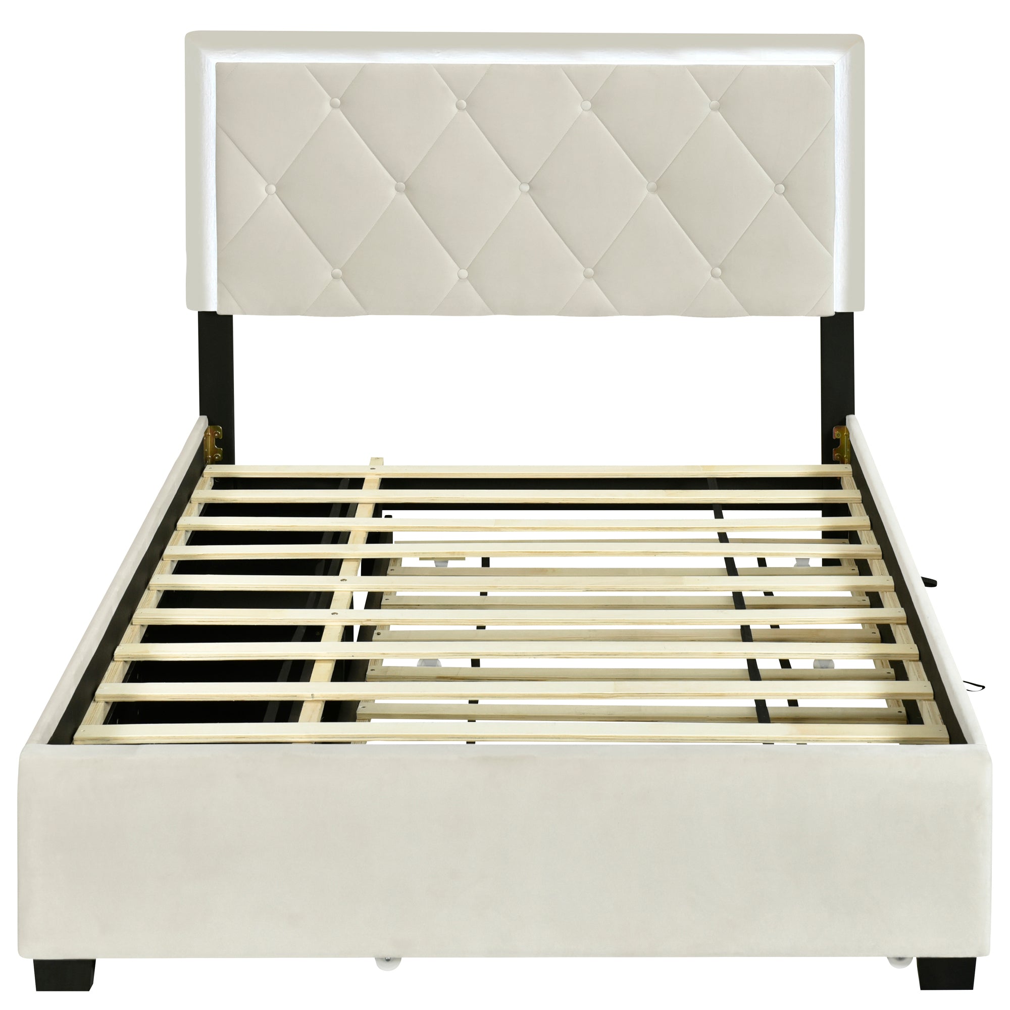 Full Size Velvet Storage Platform Bed, with 2 Big Drawers, T Size Trundle and LED Light, Beige - Atlantic Fine Furniture Melbourne FL