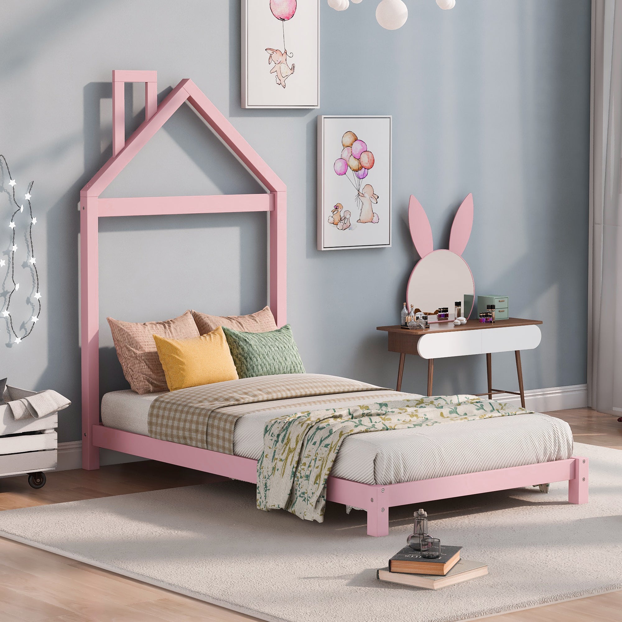 Twin Size Wood Platform Bed with House-shaped Headboard (Pink)