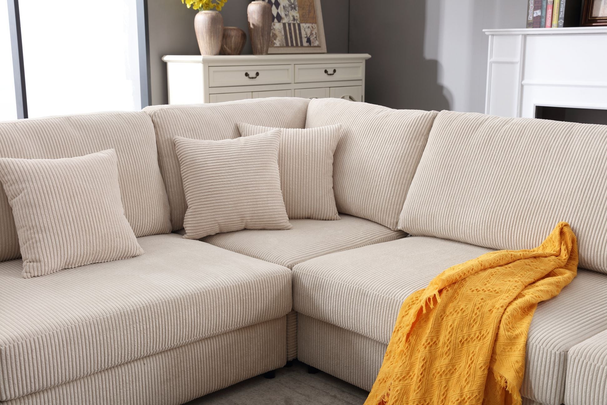 Oversized Modular Sectional Sofa Set,Corduroy Upholstered Deep Seat Comfy Sofa Beige