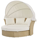 Outdoor Patio Daybed Wicker Rattan Double Daybed Round Sofa Furniture Set With Retractable Canopy, 4 Pillows For Lawn Garden