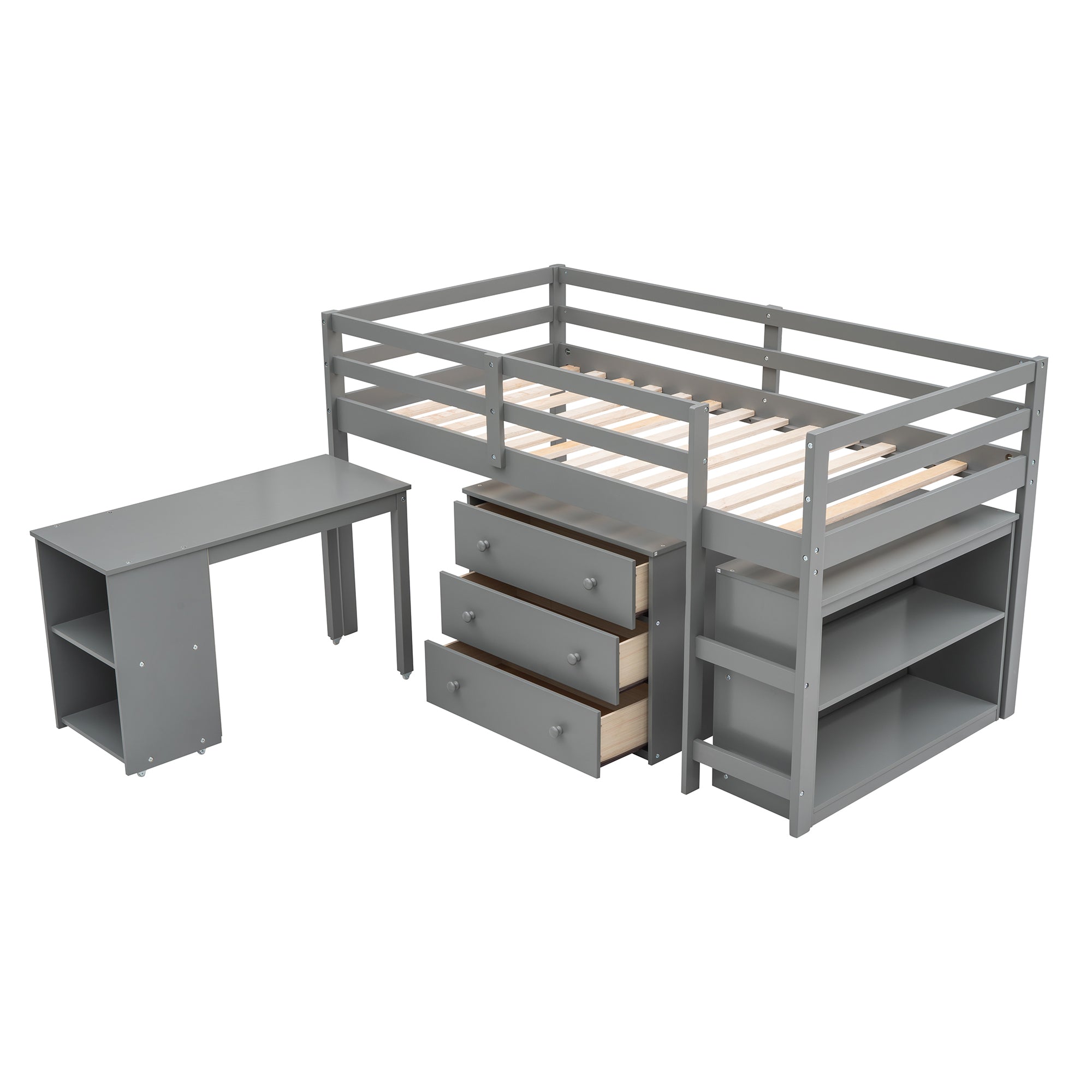 Low Study Twin Loft Bed with Cabinet and Rolling Portable Desk - Gray (OLD SKU :LP000113AAE) - Atlantic Fine Furniture Melbourne FL
