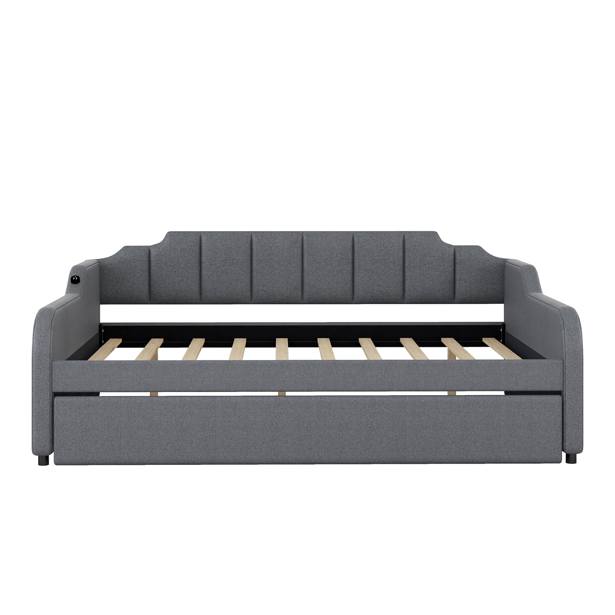 Full Size Upholstery Daybed with Trundle and USB Charging Design,Trundle can be flat or erected,Gray