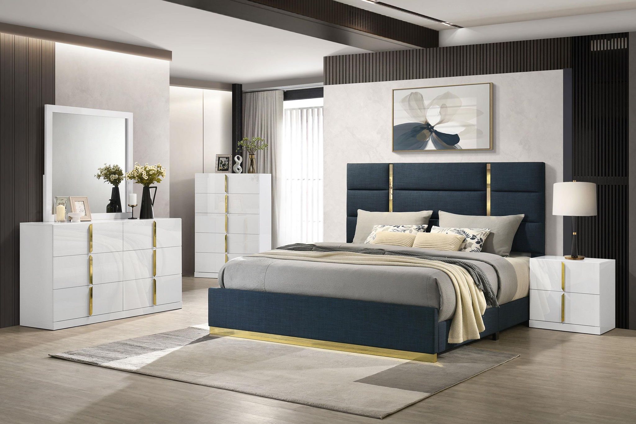 Ines 5-piece Eastern King Bedroom Set Navy and White High Gloss
