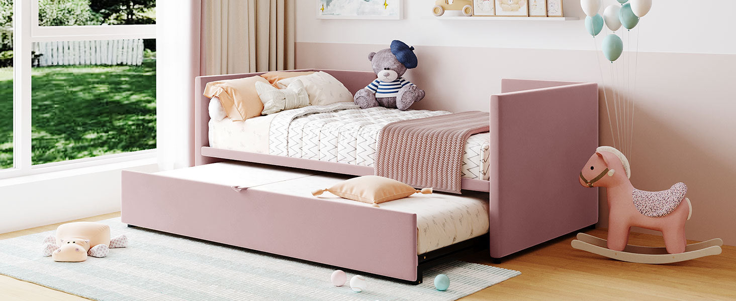 Twin Size Upholstered daybed with Pop Up Trundle, Pink - Atlantic Fine Furniture Melbourne FL