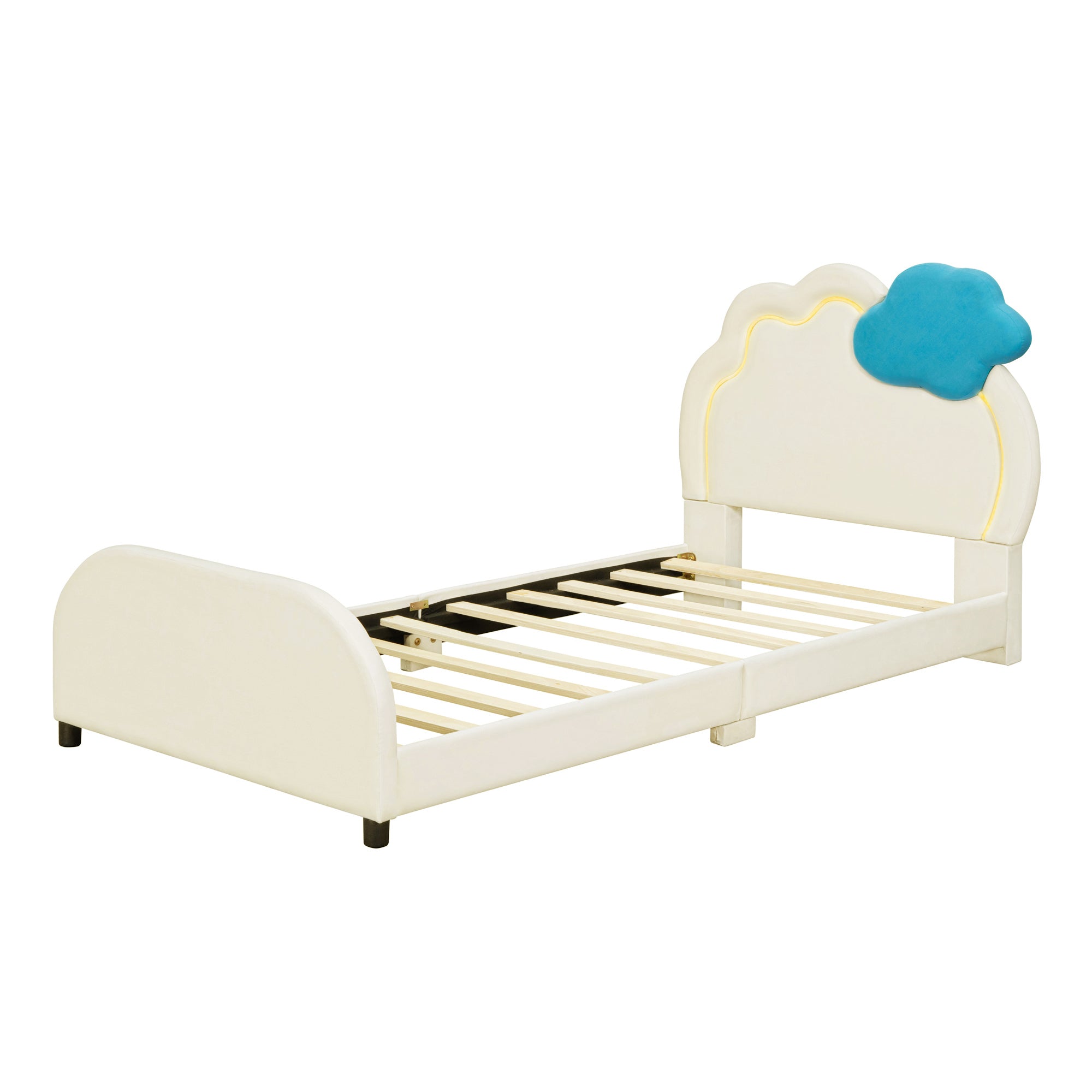 Twin Size Upholstered Platform Bed with Cloud-Shaped Headboard and Embedded Light Stripe, Velvet, Beige - Atlantic Fine Furniture Melbourne FL