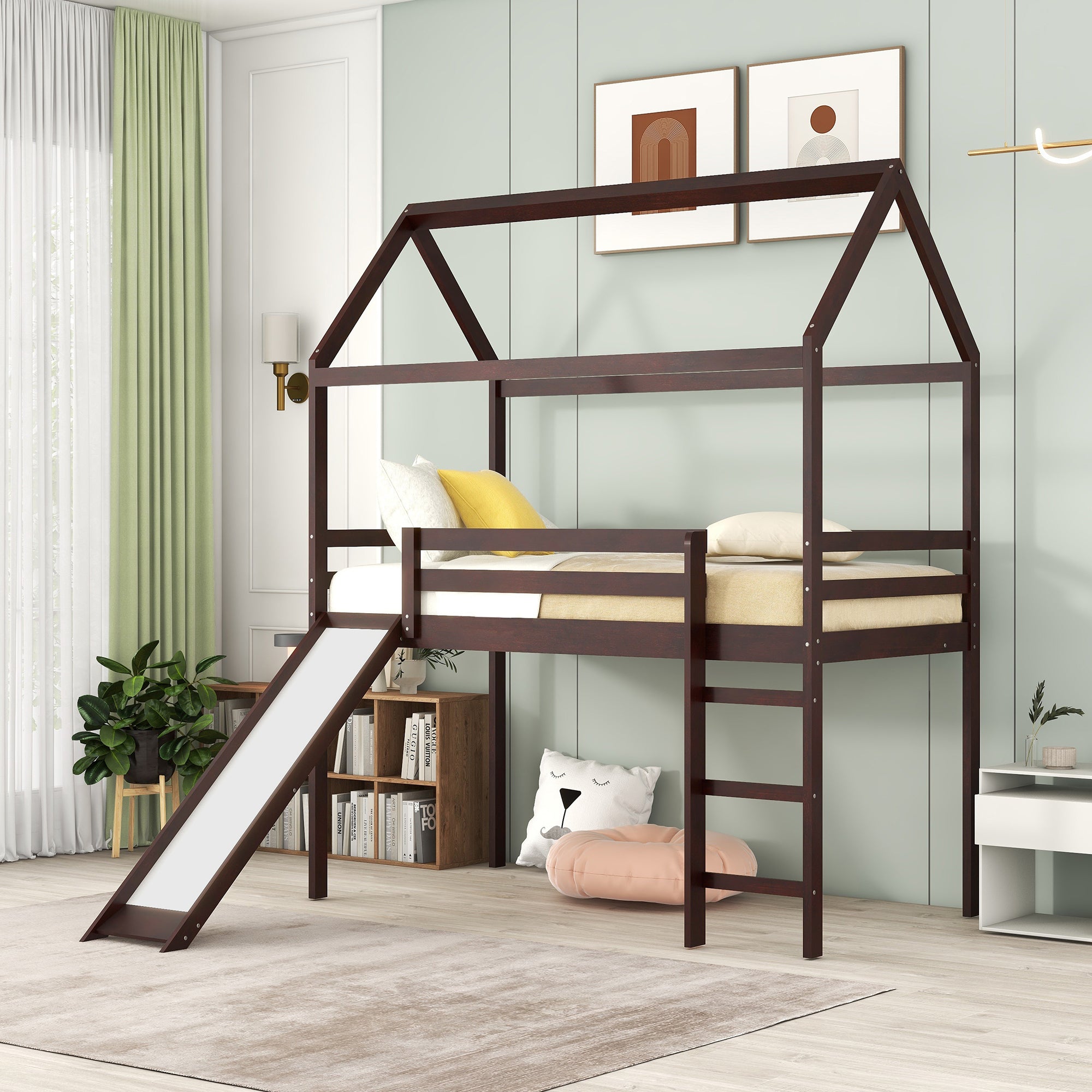 Twin Loft Bed with Slide, House Bed with Slide,Gray(OLD SKU :WF286245AAP) - Atlantic Fine Furniture Melbourne FL