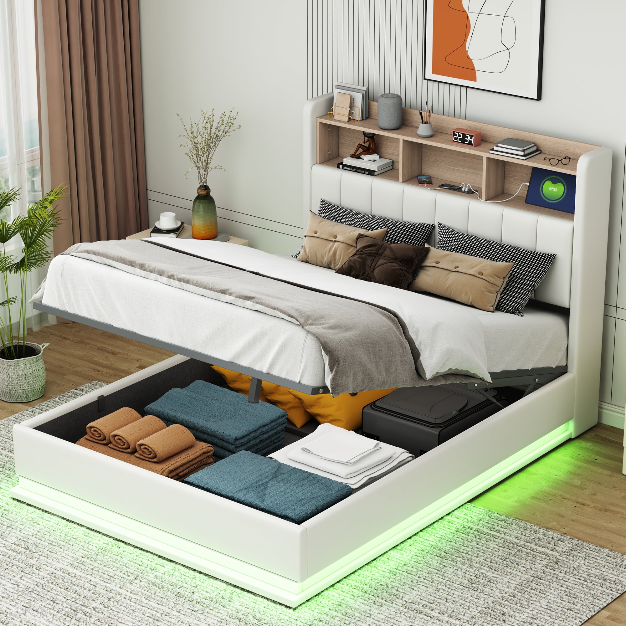 Full Size Upholstered Platform Bed with Storage Headboard and Hydraulic Storage System, PU Storage Bed with LED Lights and USB charger, White - Atlantic Fine Furniture Melbourne FL