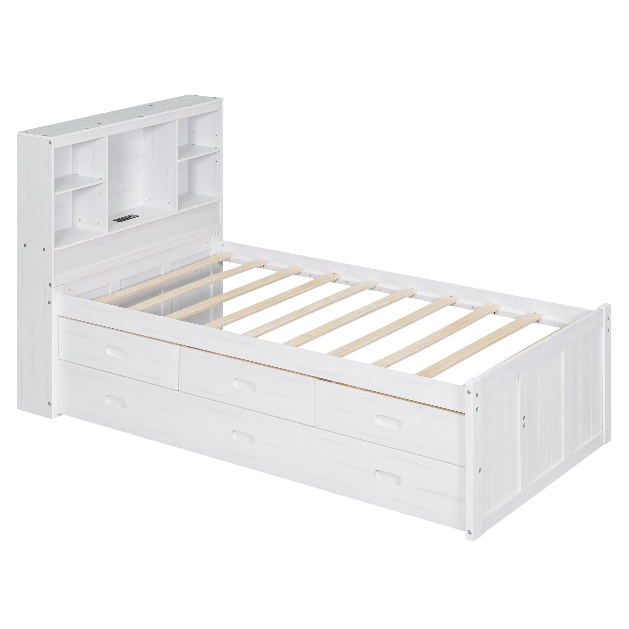 Twin Size Platform Bed with Storage Headboard, Charging Station, Twin Size Trundle and 3 Drawers, Antique White - Atlantic Fine Furniture Melbourne FL