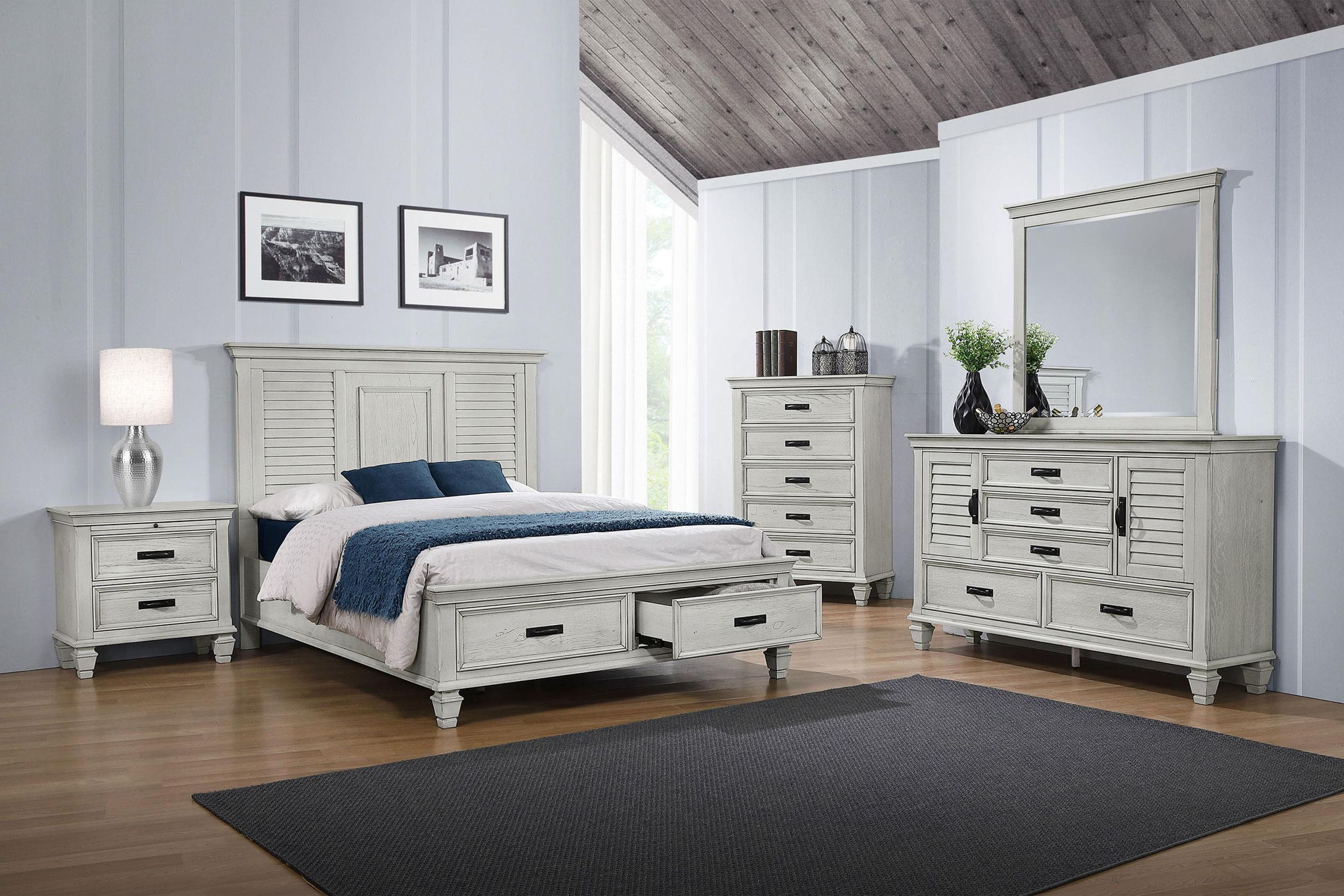 Franco Wood Queen Storage Panel Bed Distressed White