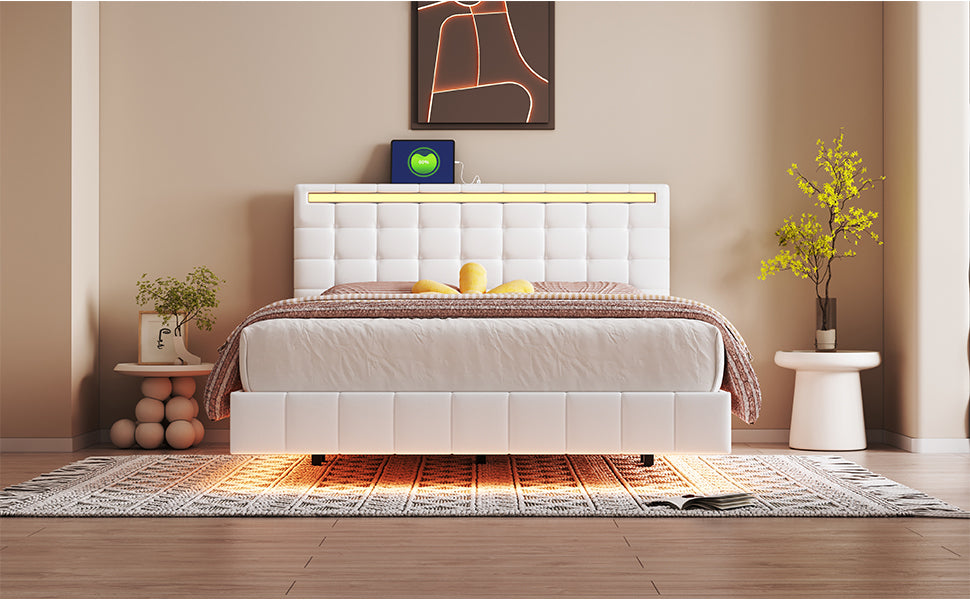 Queen Size Floating Bed Frame with LED Lights and USB Charging,Modern Upholstered Platform LED Bed Frame,White - Atlantic Fine Furniture Melbourne FL