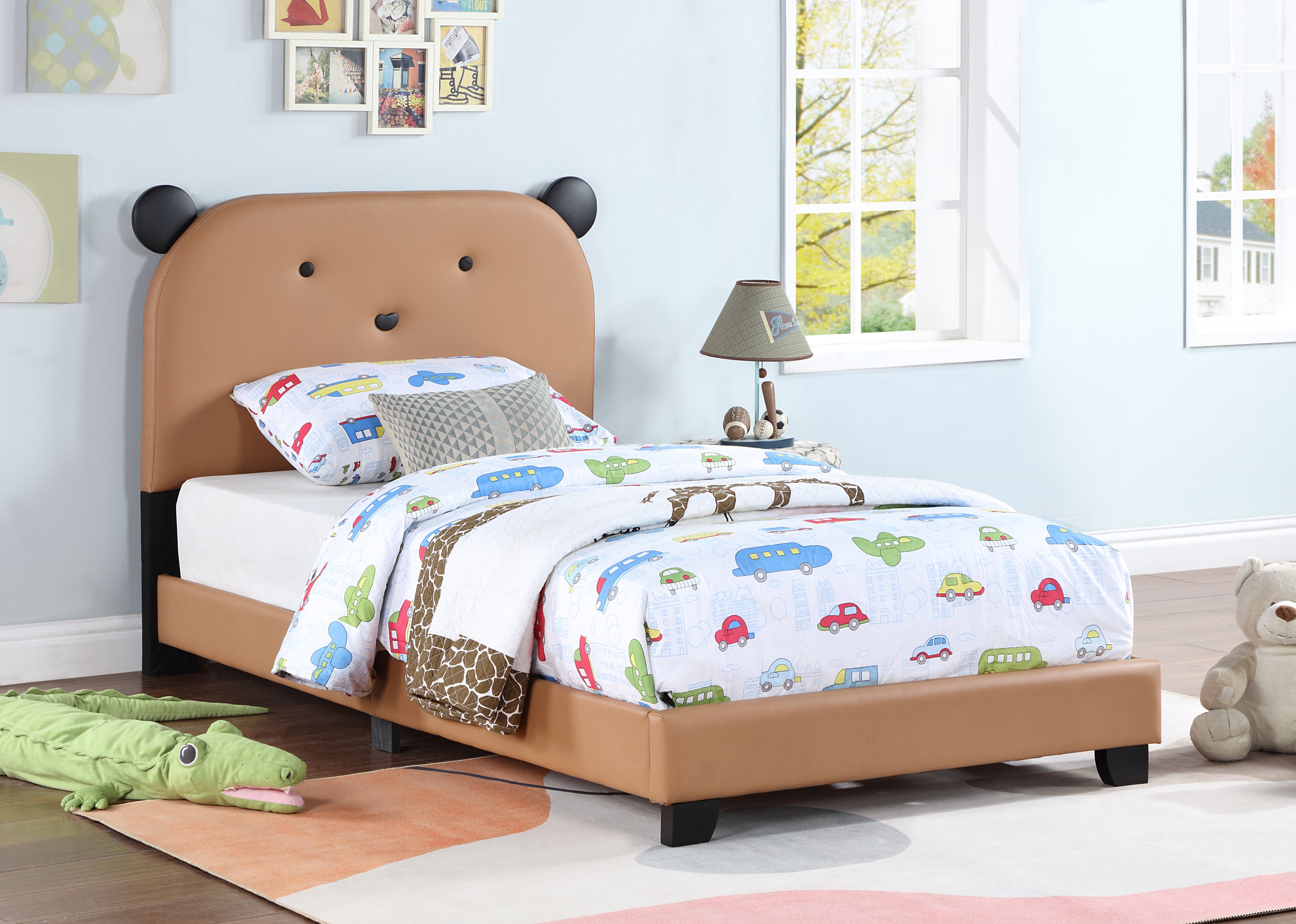 Upholstered Twin Size Platform Bed for Kids, with Slatted Bed Base, No Box Spring Needed, Brown color, Bear Design - Atlantic Fine Furniture Melbourne FL
