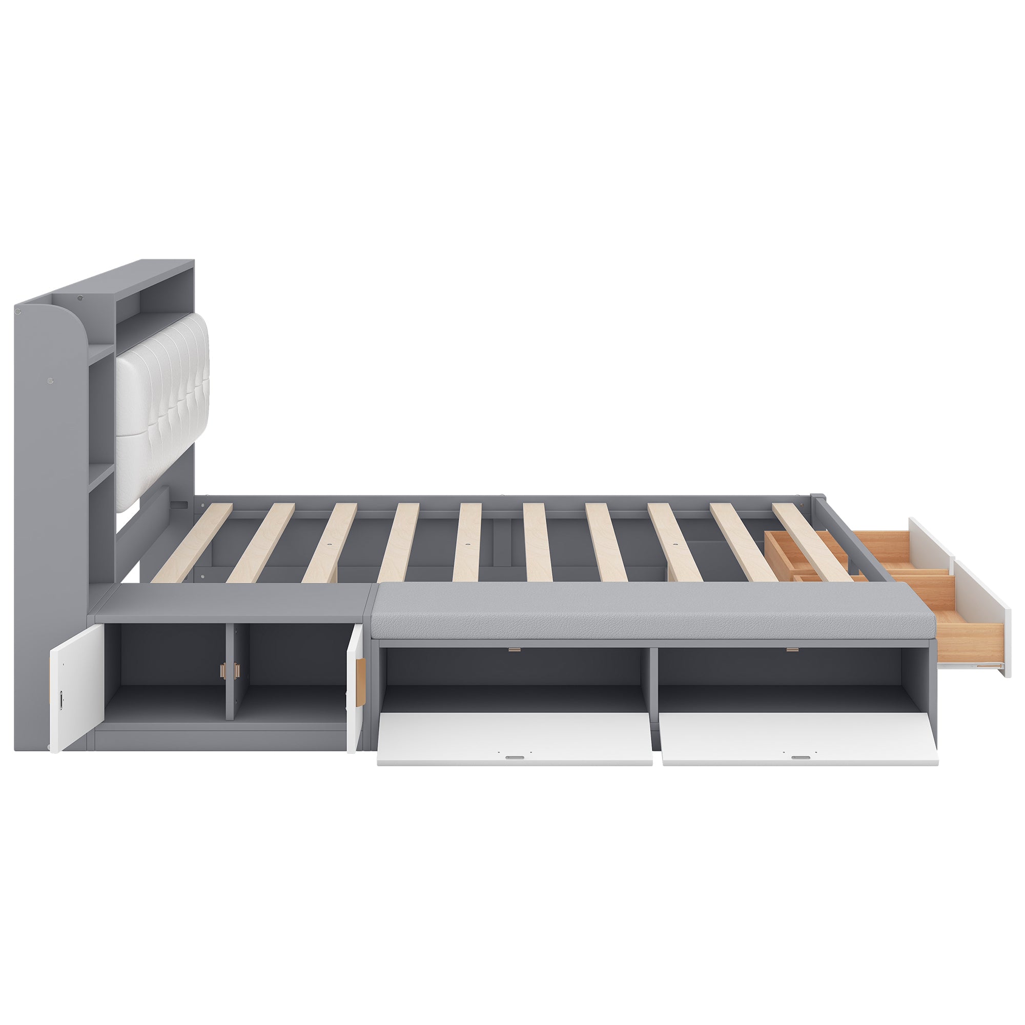 Queen Size Low Profile Platform Bed Frame with Upholstery Headboard and Storage Shelves and Drawers,USB Charging Design,Gray - Atlantic Fine Furniture Melbourne FL
