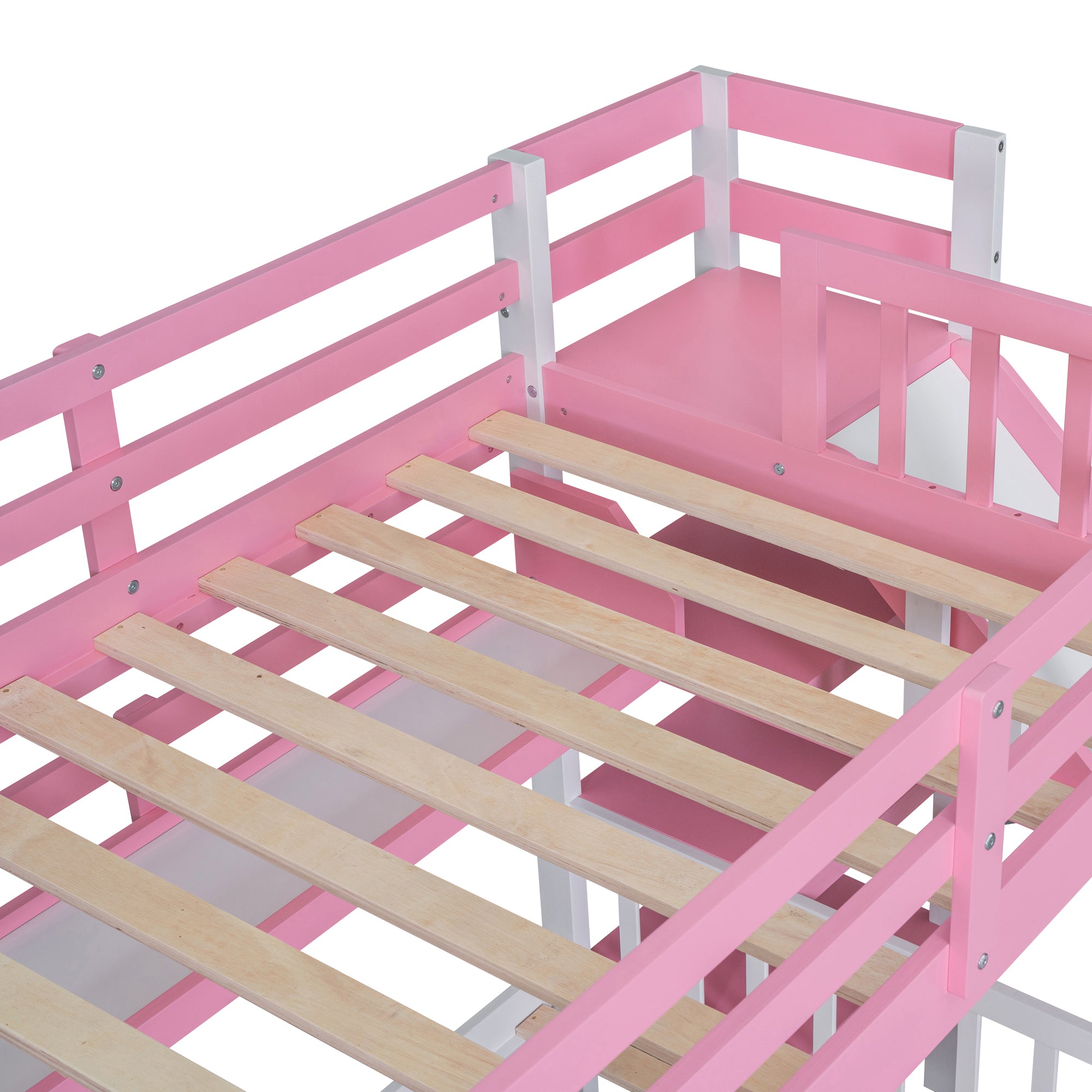 Twin-Over-Twin Castle Style Bunk Bed with 2 Drawers 3 Shelves and Slide - Pink - Atlantic Fine Furniture Melbourne FL