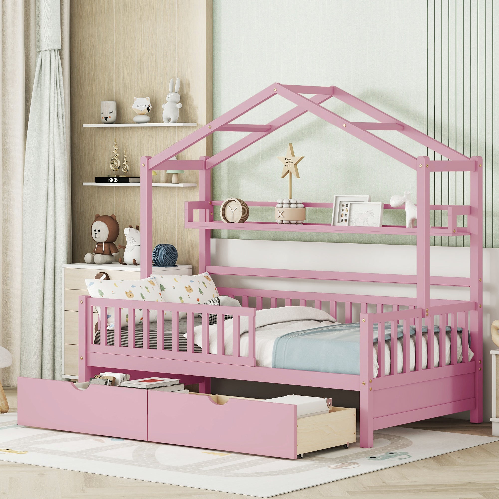 Wooden Twin Size House Bed with 2 Drawers,Kids Bed with Storage Shelf, Pink - Atlantic Fine Furniture Melbourne FL