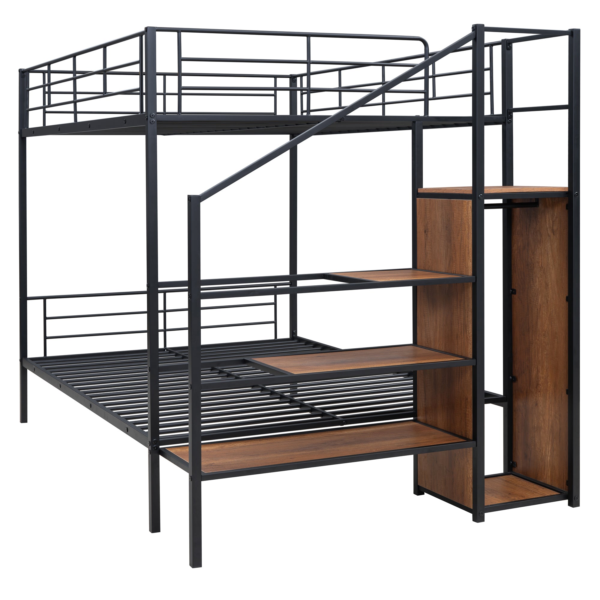 Full Over Full Metal Bunk Bed with Lateral Storage Ladder and Wardrobe, Black - Atlantic Fine Furniture Melbourne FL