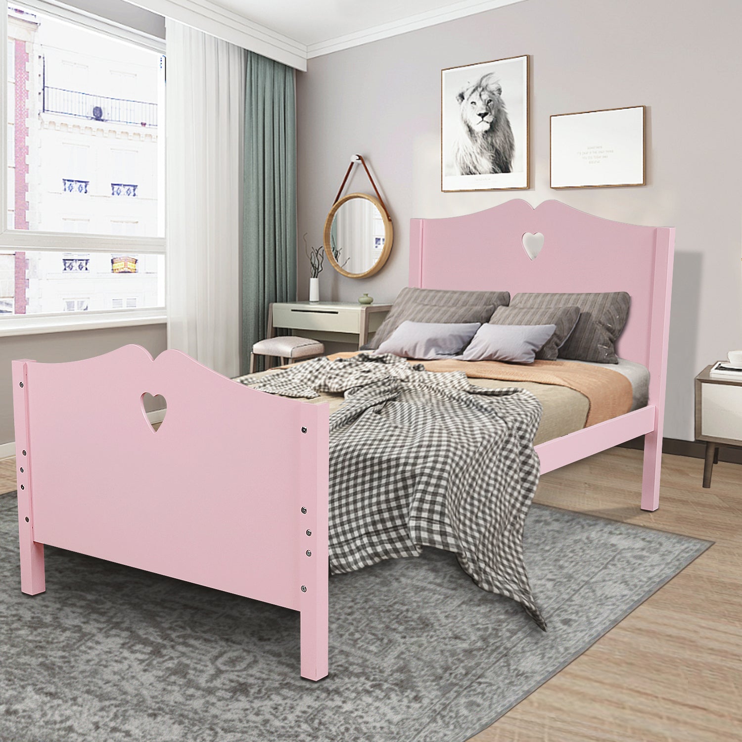 Twin Size Wood Platform Bed with Headboard,Footboard and Wood Slat Support (Pink)
