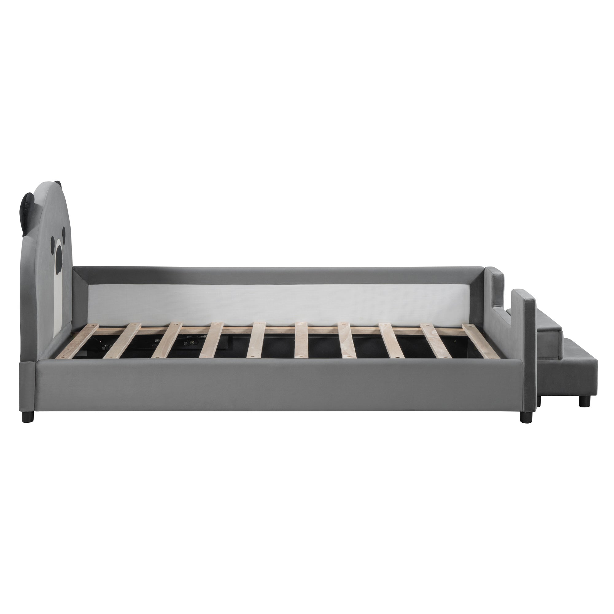 Twin Size Upholstered Daybed with Bear Shaped Headboard, Hydraulic System and Breathable Mesh Fence, Gray - Atlantic Fine Furniture Melbourne FL