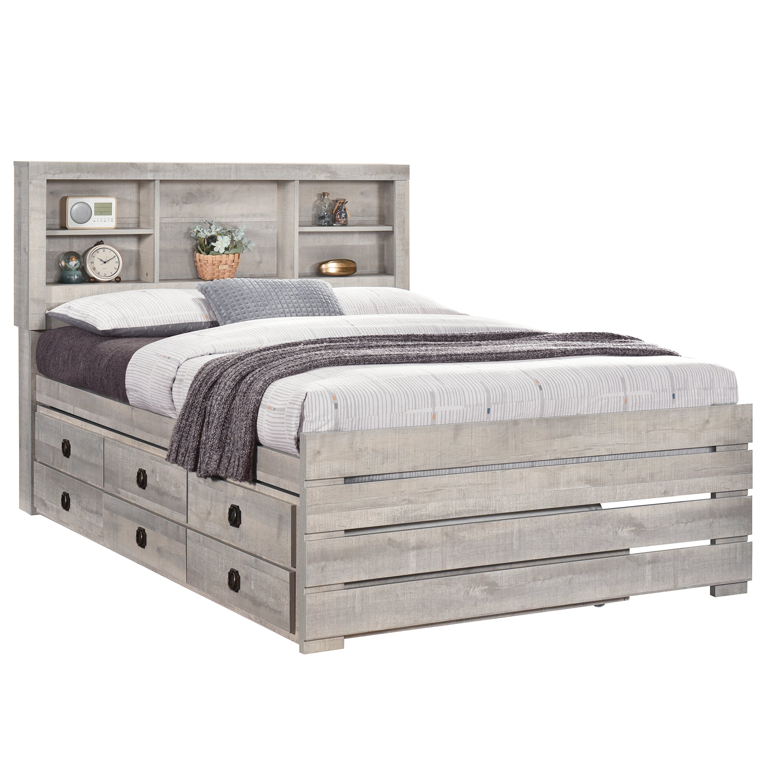 Farmhouse Style Full Size Bookcase Captain Bed with Three Drawers and Trundle, Rustic White - Atlantic Fine Furniture Melbourne FL