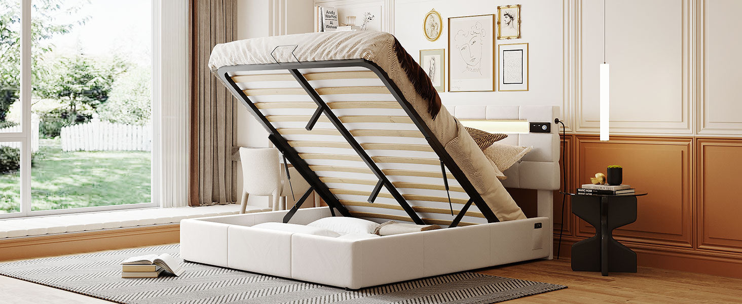 Queen Size Upholstered Bed with LED Light and Integrated Bluetooth Audio System, Modern Platform Bed with Hydraulic Storage System and USB Port, Velvet , Beige - Atlantic Fine Furniture Melbourne FL