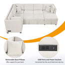 U-Shaped Sectional Sofa Pull Out Sofa Bed With Two USB Ports, Two Power Sockets, Three Back Pillows And A Storage Chaise For Living Room