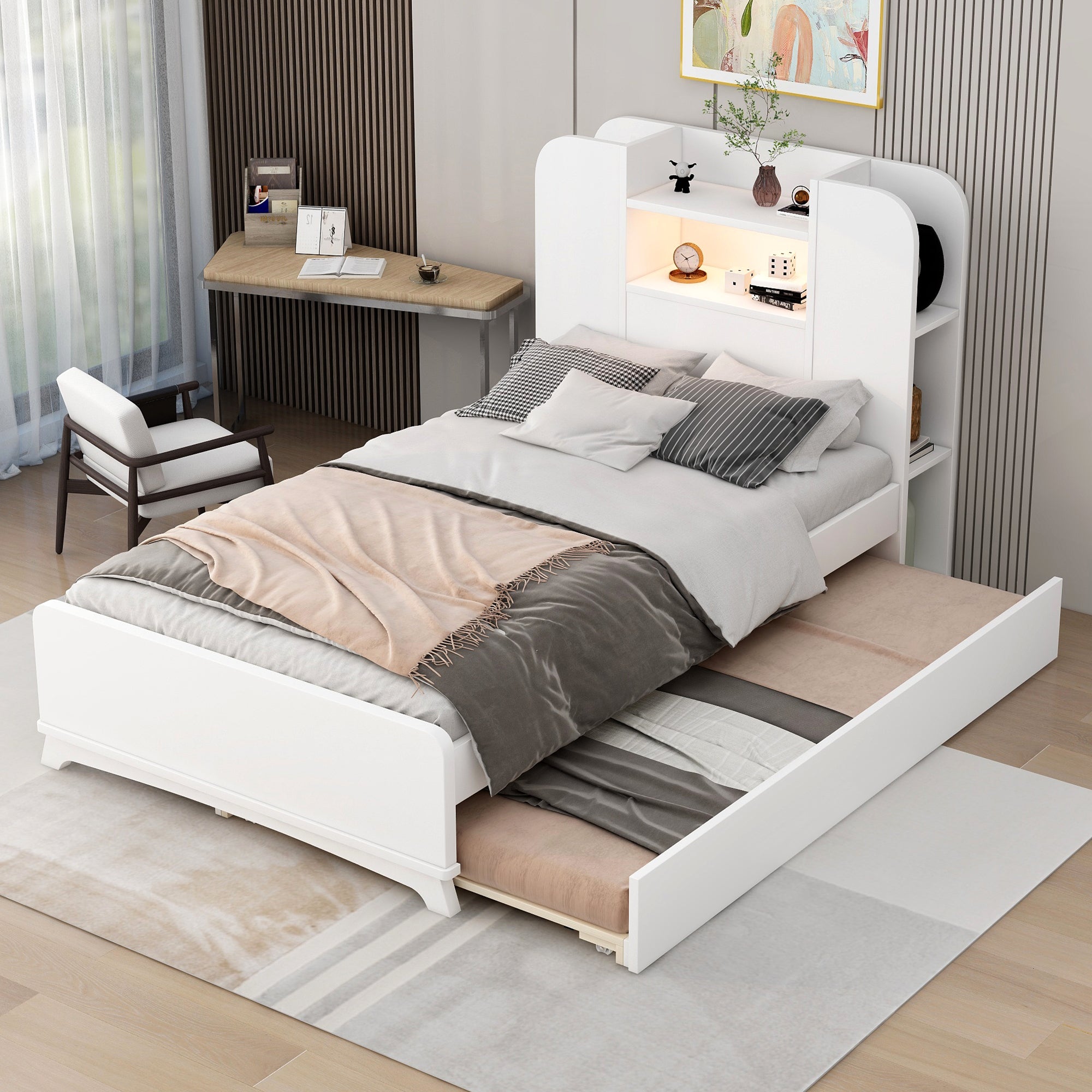 Twin Size Storage Platform Bed Frame with with Trundle and Light Strip Design in Headboard,White - Atlantic Fine Furniture Melbourne FL