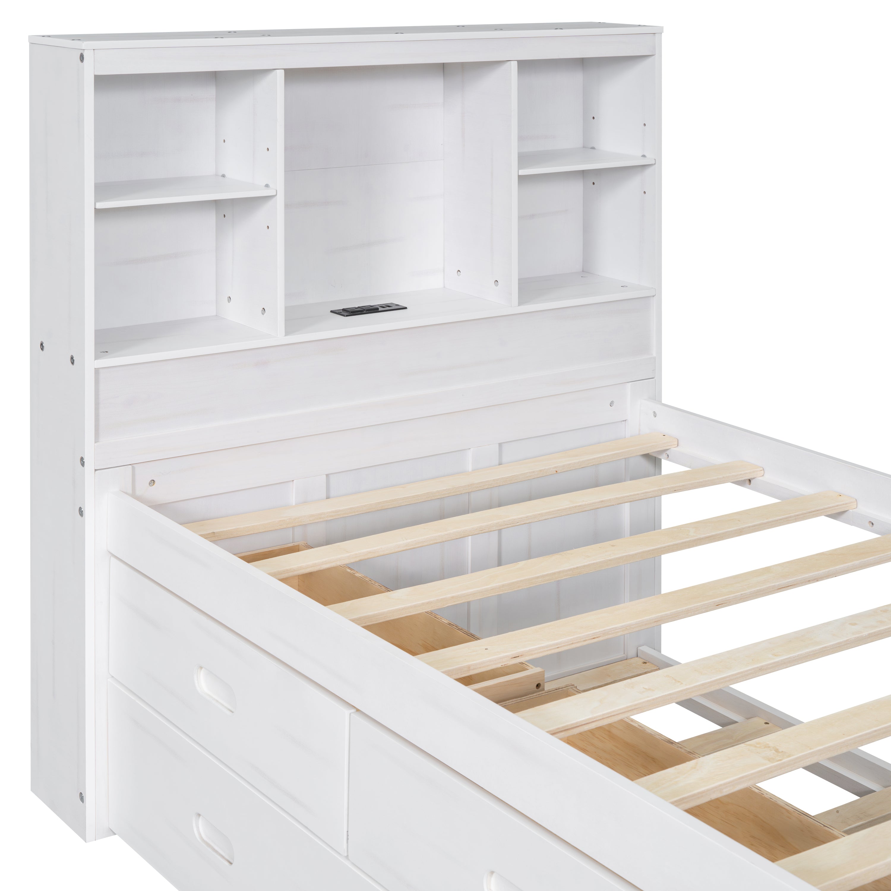 Twin Size Platform Bed with Storage Headboard, Charging Station, Twin Size Trundle and 3 Drawers, Antique White - Atlantic Fine Furniture Melbourne FL