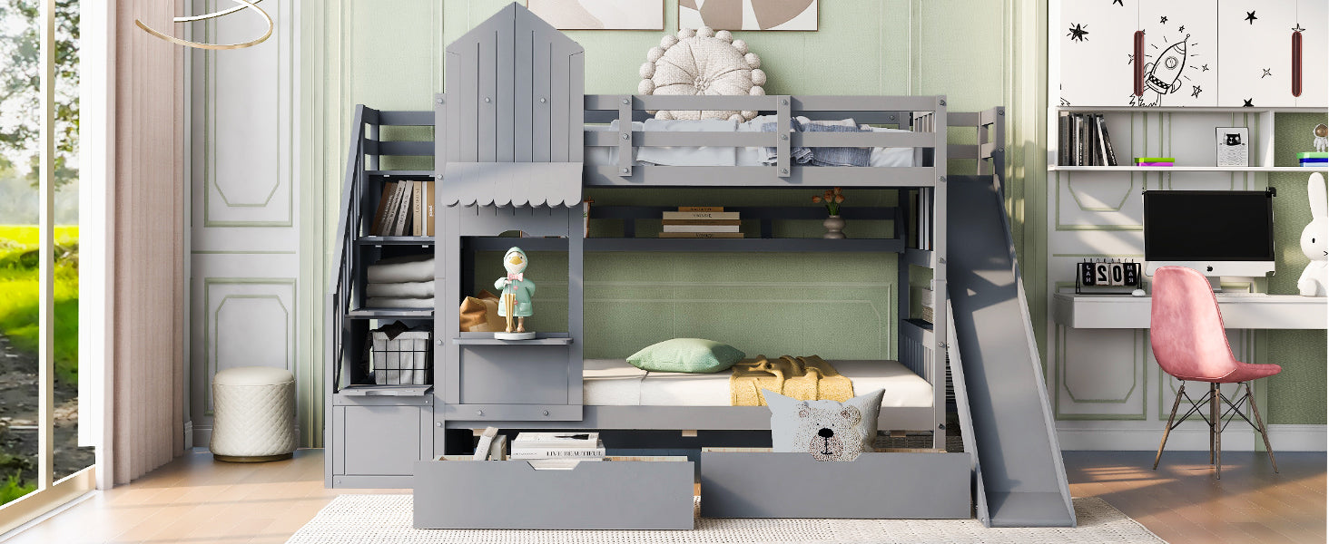 Twin-Over-Twin Castle Style Bunk Bed with 2 Drawers 3 Shelves and Slide - Gray - Atlantic Fine Furniture Melbourne FL