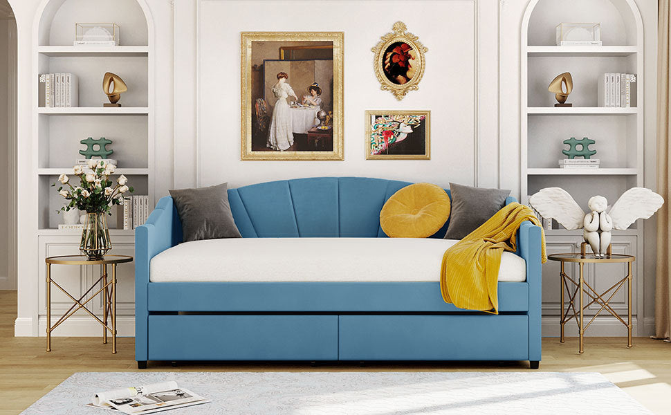 Upholstered daybed Twin Size with Two Drawers and Wood Slat ,Blue