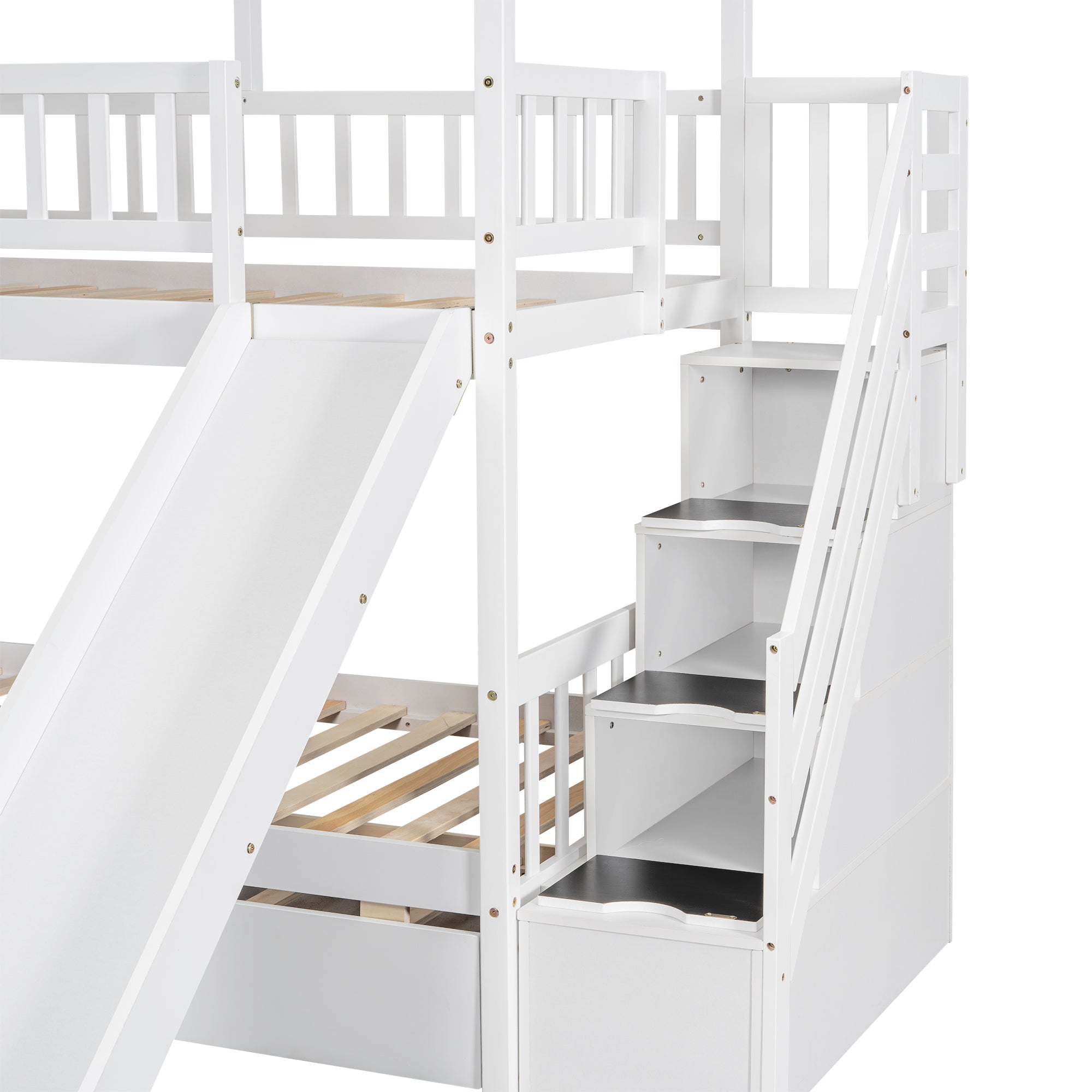 Twin over Twin House Bunk Bed with Trundle and Slide, Storage Staircase, Roof and Window Design, White(Old SKU: GX000931AAK) - Atlantic Fine Furniture Melbourne FL