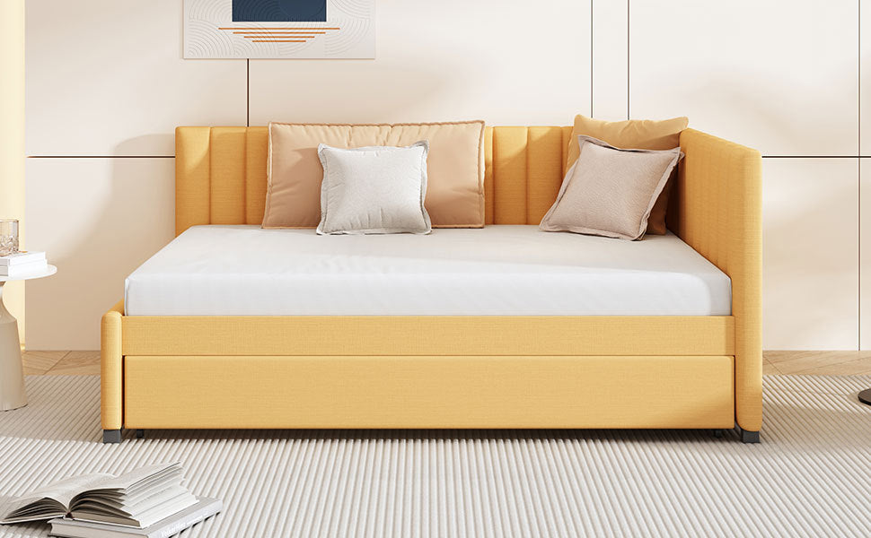 Full Size Upholstered Daybed with Trundle Sofa Bed Frame No Box Spring Needed, Linen Fabric(Yellow) - Atlantic Fine Furniture Melbourne FL