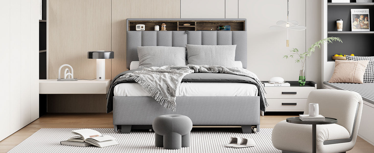 Full size Upholstered Platform Bed with Storage Headboard, Twin Size Trundle & 2 drawers and a set of Sockets & USB Ports, Linen Fabric, Gray - Atlantic Fine Furniture Melbourne FL
