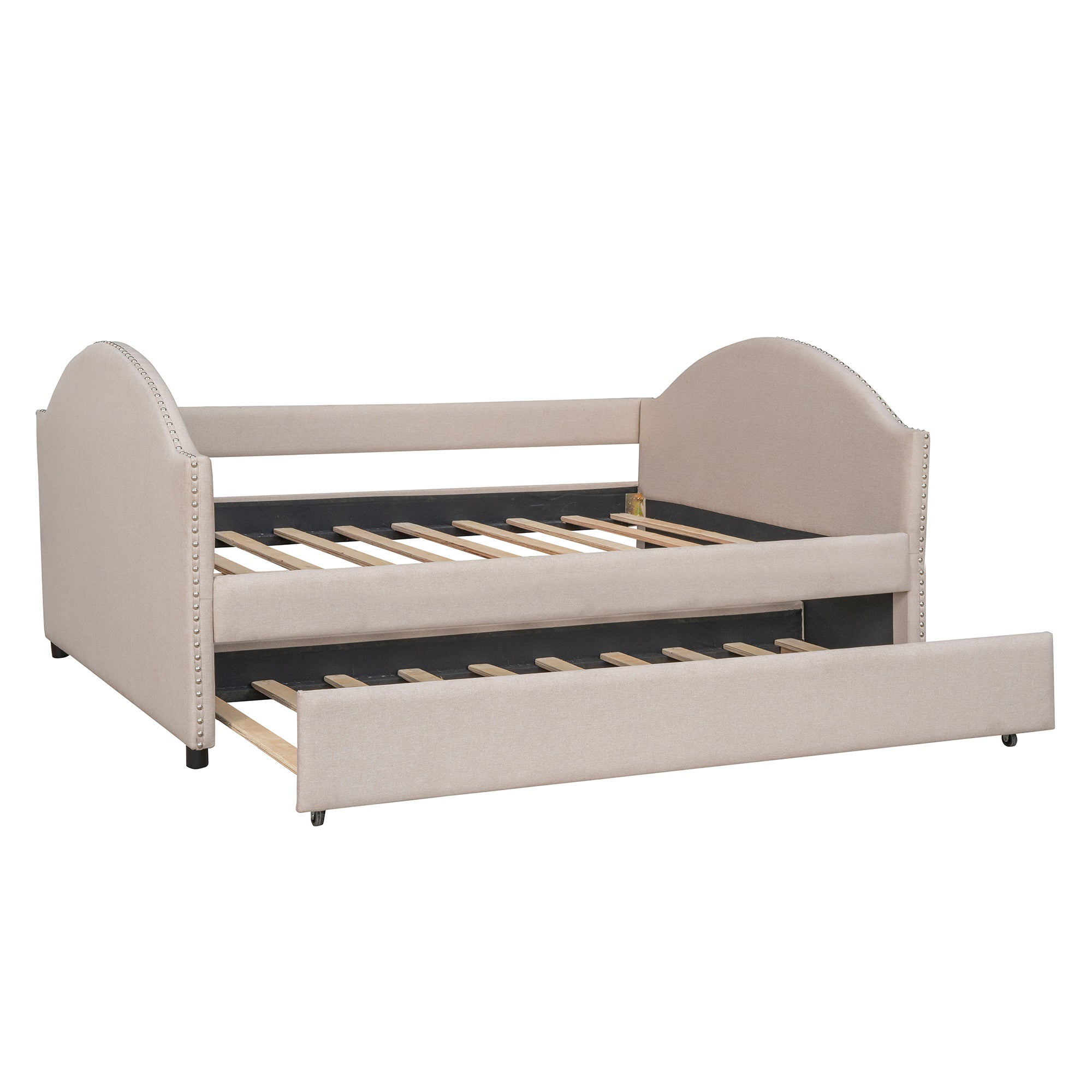 Full size Upholstered Daybed with Twin Size Trundle, Wood Slat Support, Beige(OLD SKU :LP000118AAA)