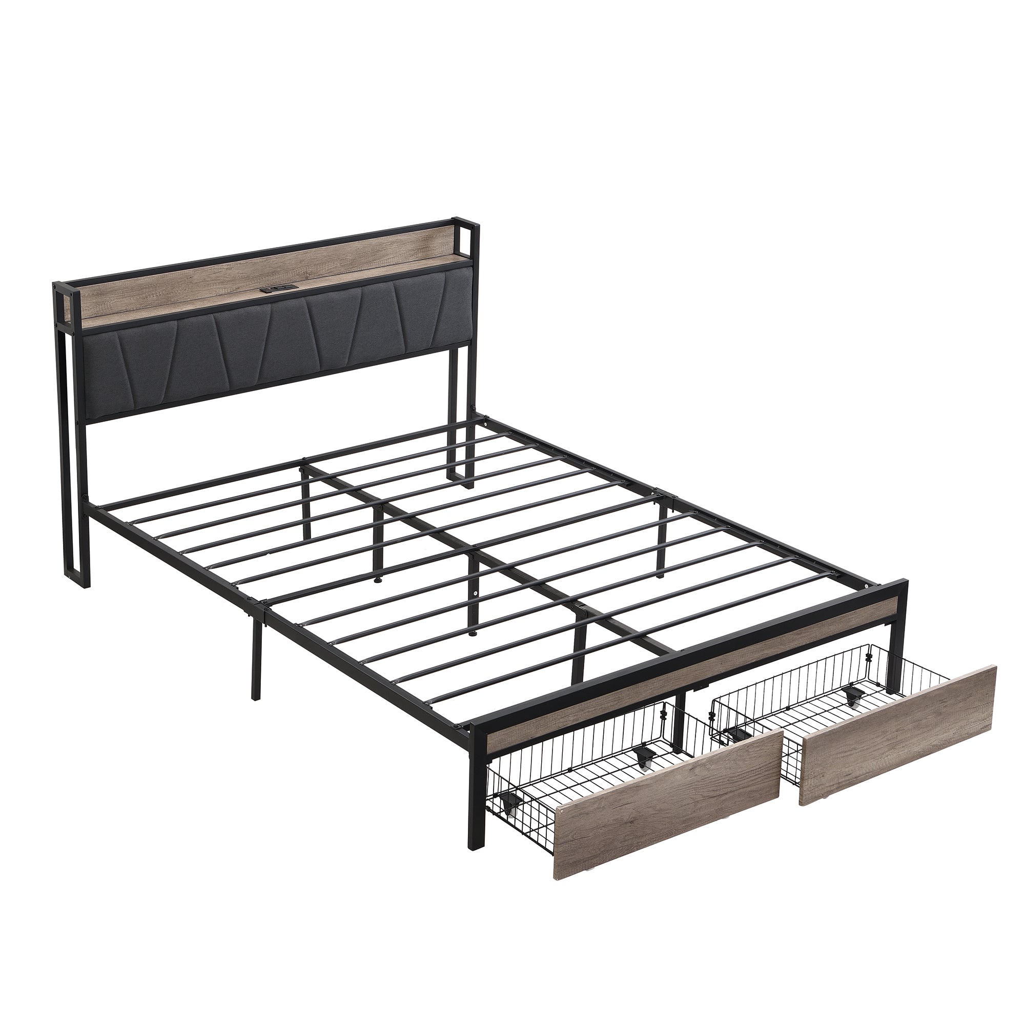 Queen Size Metal Platform Bed Frame with upholstery storage function Headboard and USB LINER and Footboard with drawers , No Box Spring Needed, Large Under Bed Storage, Easy Assemble