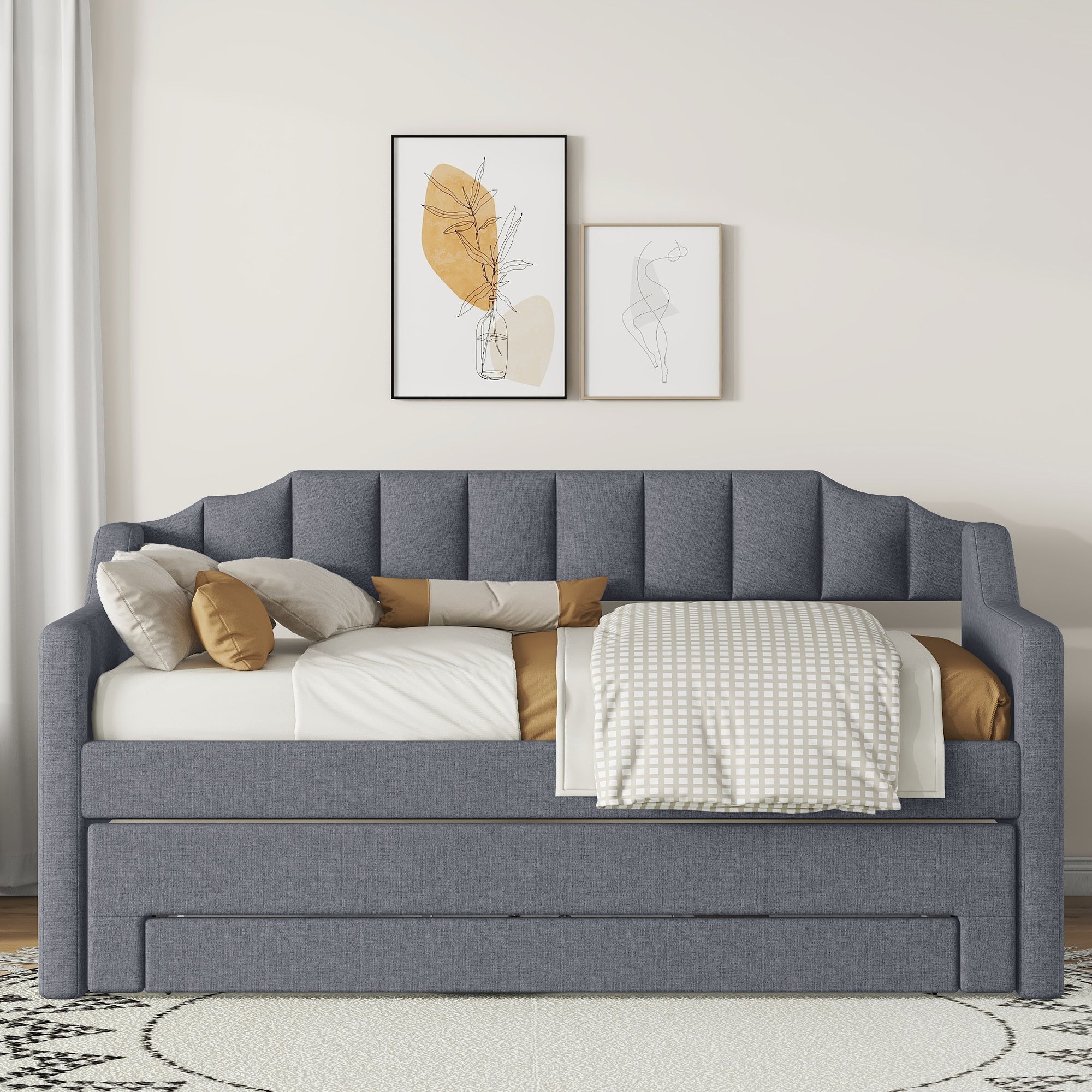 Twin Size Upholstered Daybed with Trundle and Three Drawers,Gray - Atlantic Fine Furniture Melbourne FL