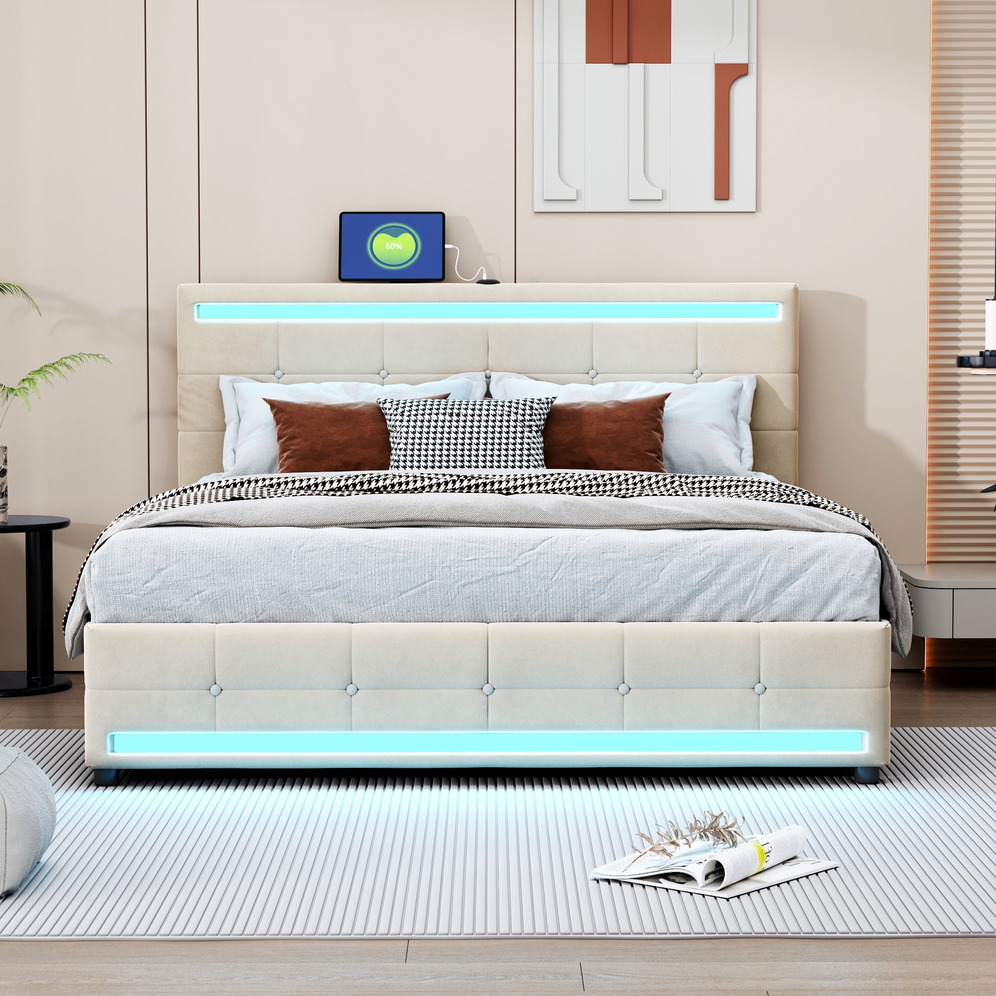 Queen Size Upholstered Bed with LED Light, 4 Drawers and a set of Type C and USB Ports, Velvet, Beige - Atlantic Fine Furniture Melbourne FL