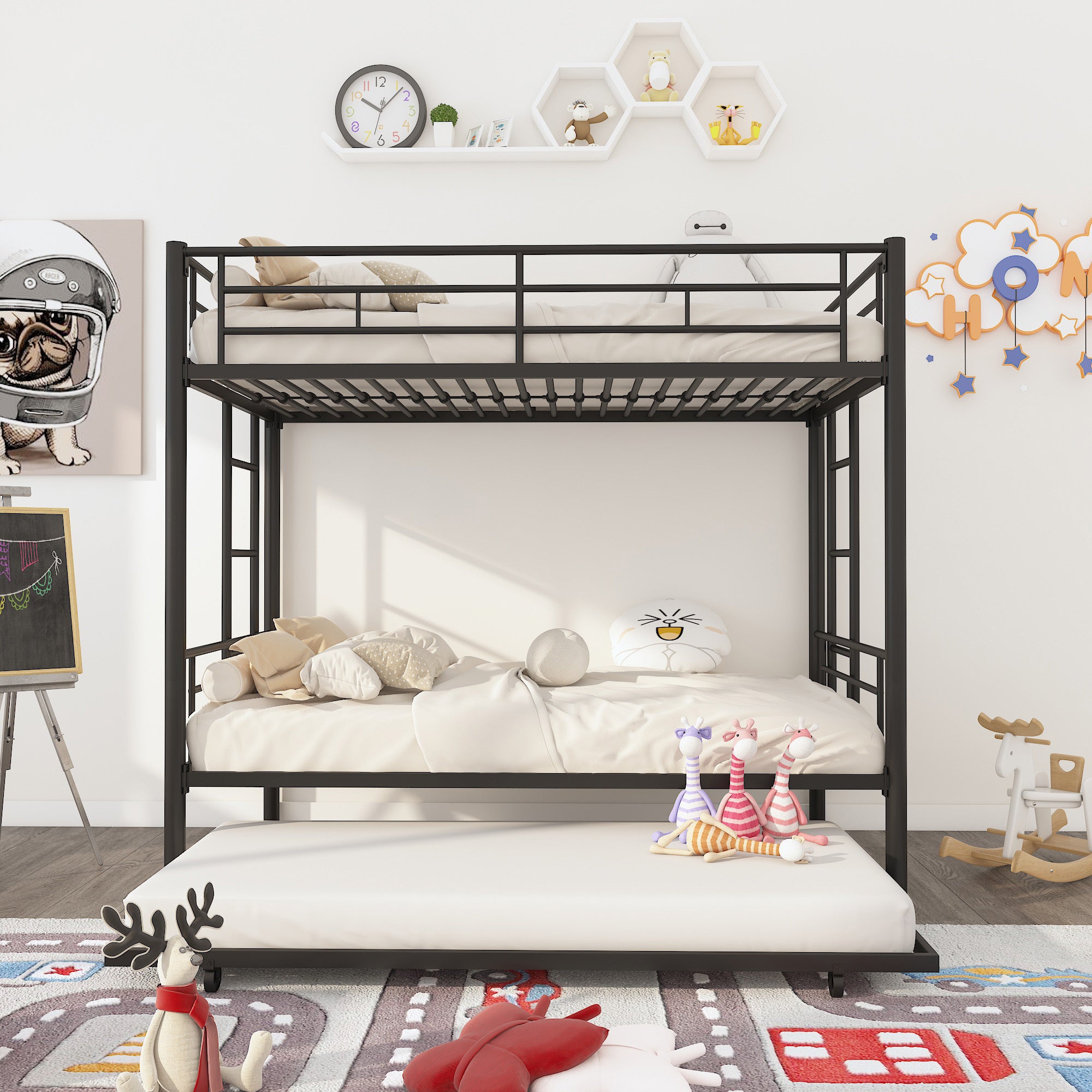 Twin Over Twin Metal Bunk Bed Frame with Trundle(Upgrade reinforcement version) - Atlantic Fine Furniture Melbourne FL