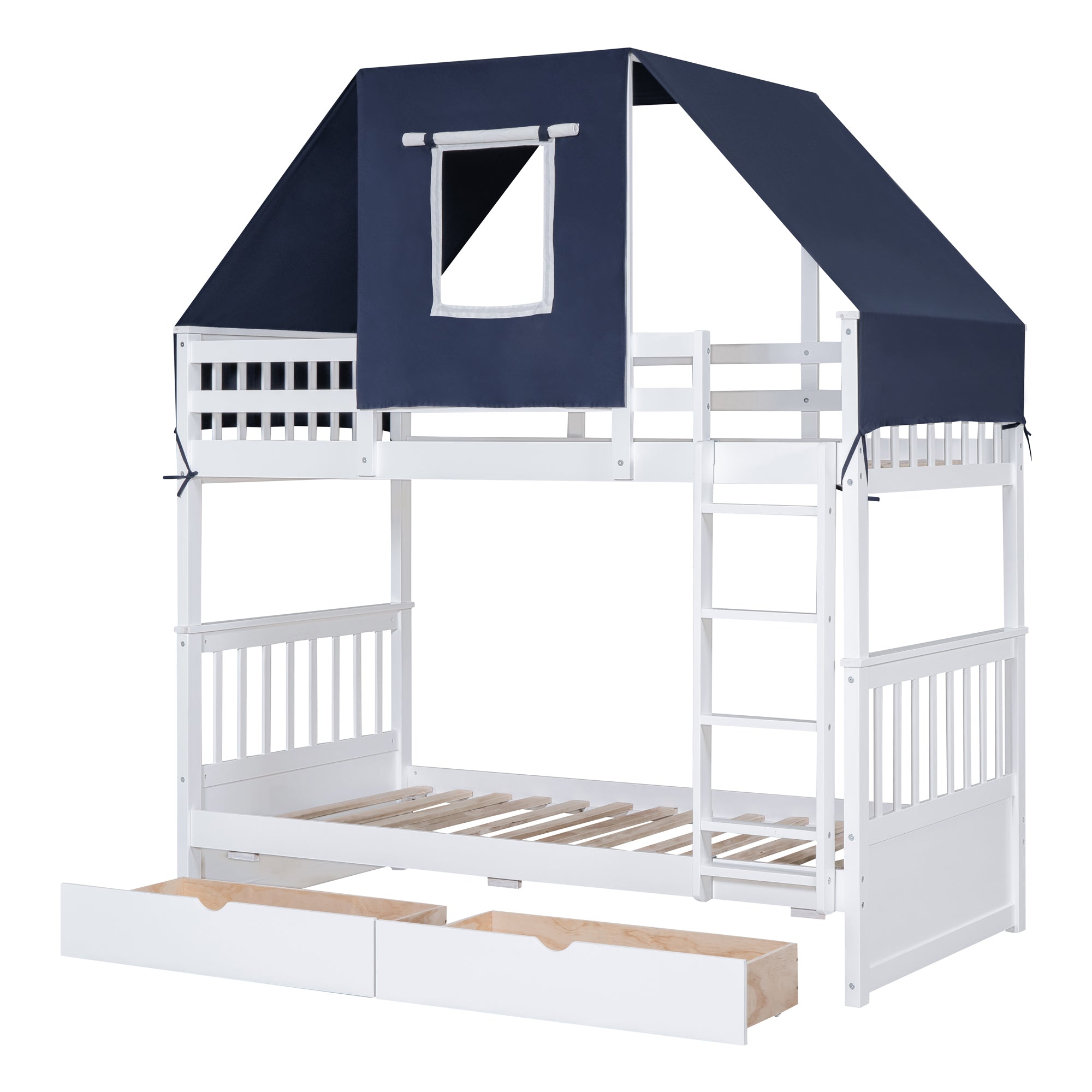 Twin Over Twin Bunk Bed Wood Bed with Tent and Drawers, White+Blue Tent - Atlantic Fine Furniture Melbourne FL