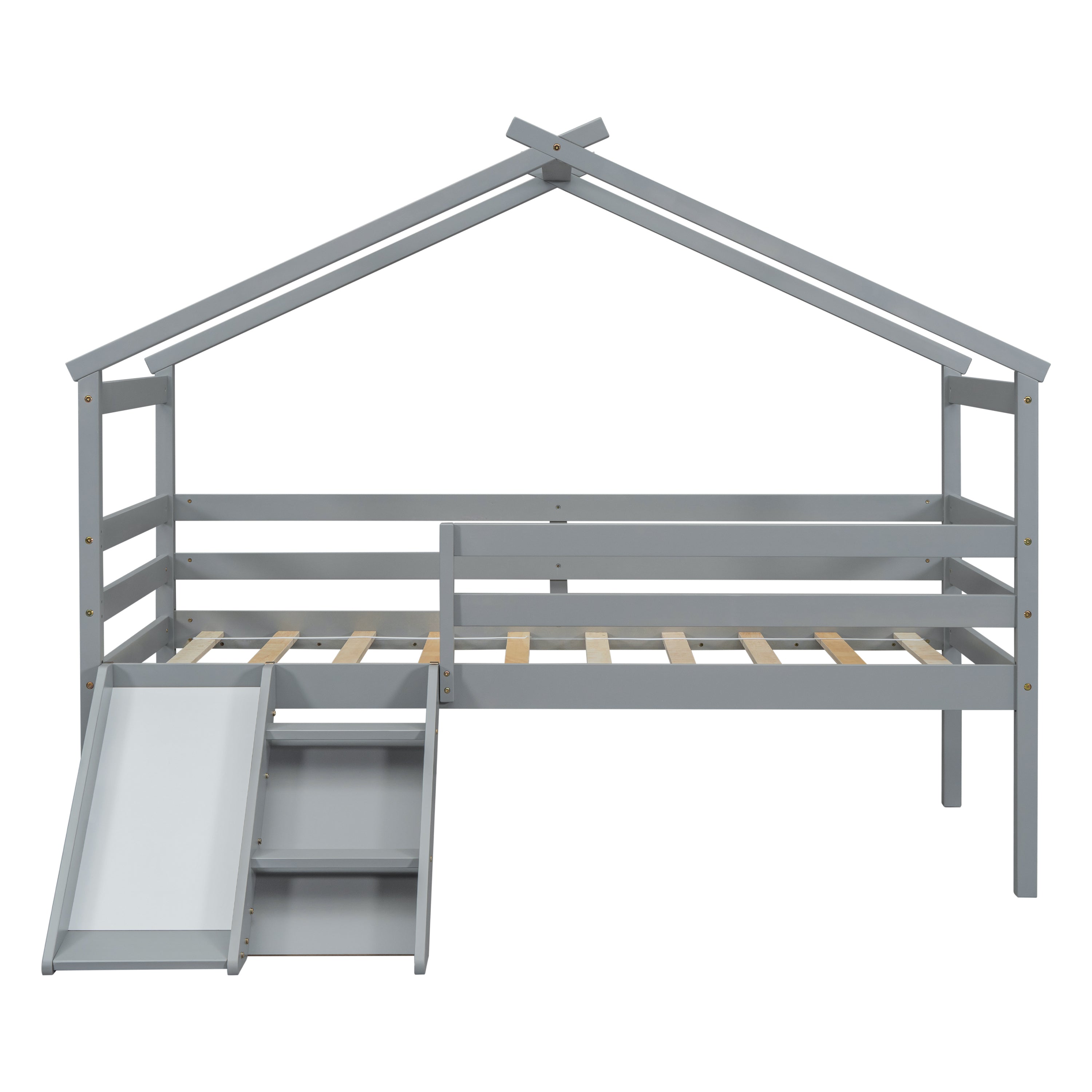 Twin Low Loft House Bed with Slide, Ladder, Safety Guardrails, House Roof Frame,Grey