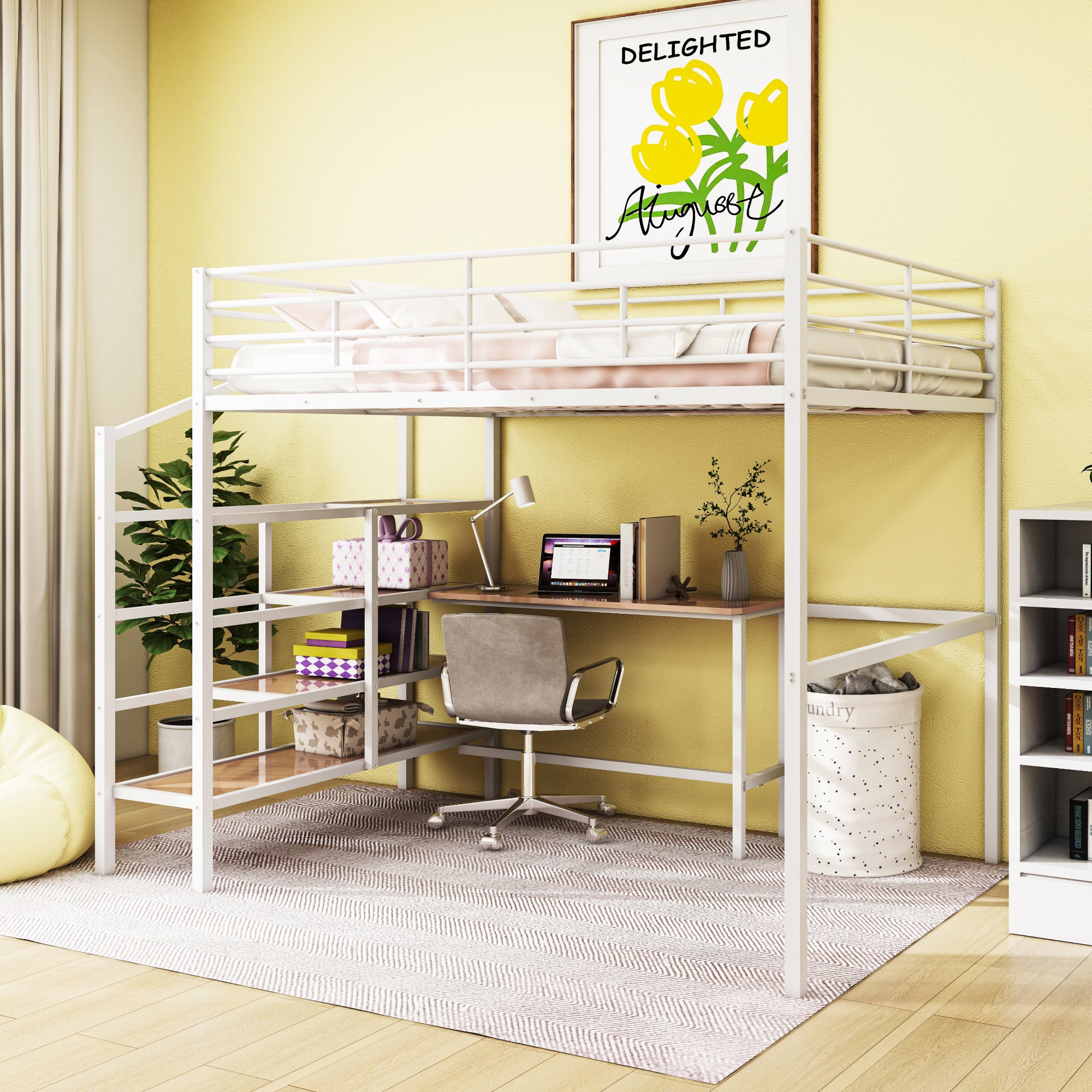 Full Size Metal Loft Bed with Desk and Lateral Storage Ladder, White - Atlantic Fine Furniture Melbourne FL