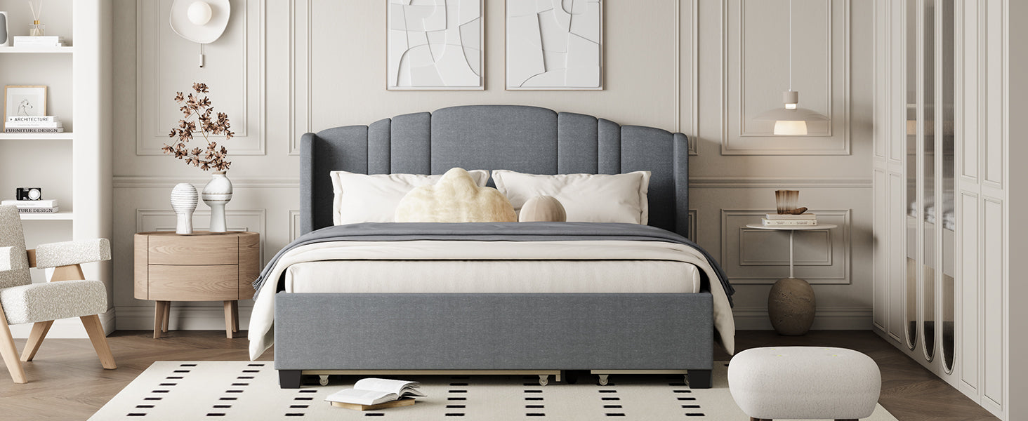 Upholstered Platform Bed with Wingback Headboard, One Twin Trundle and 2 Drawers, No Box Spring Needed, Linen Fabric, Queen Size Gray - Atlantic Fine Furniture Melbourne FL