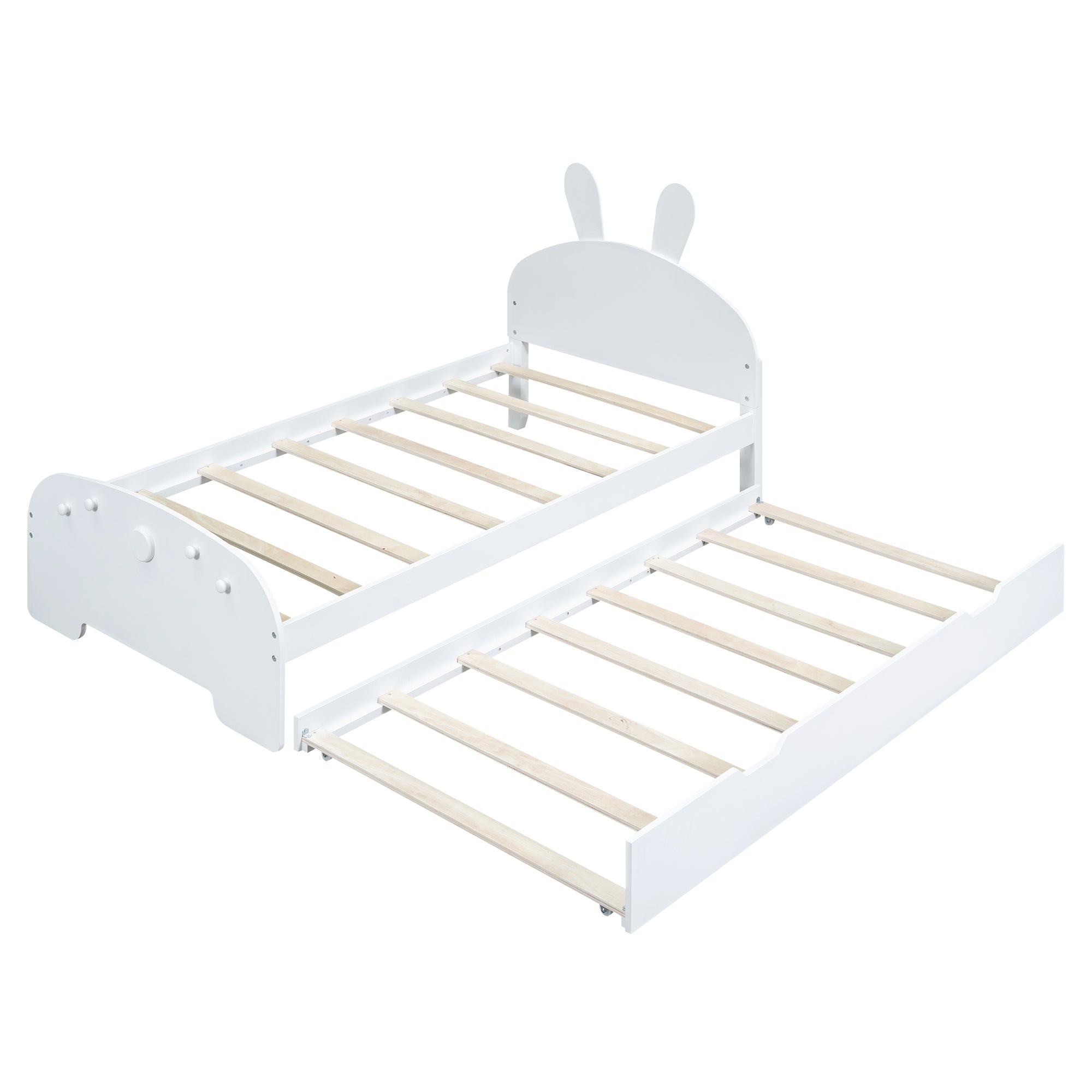 Wood Twin Size Platform Bed with Cartoon Ears Shaped Headboard and Trundle, White - Atlantic Fine Furniture Melbourne FL