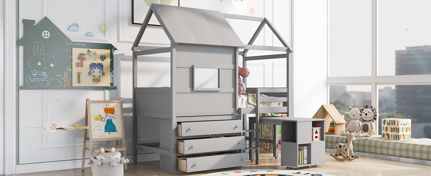 Twin Size House Loft Bed with Storage Desk and 3 Drawer Chest, Gray - Atlantic Fine Furniture Melbourne FL