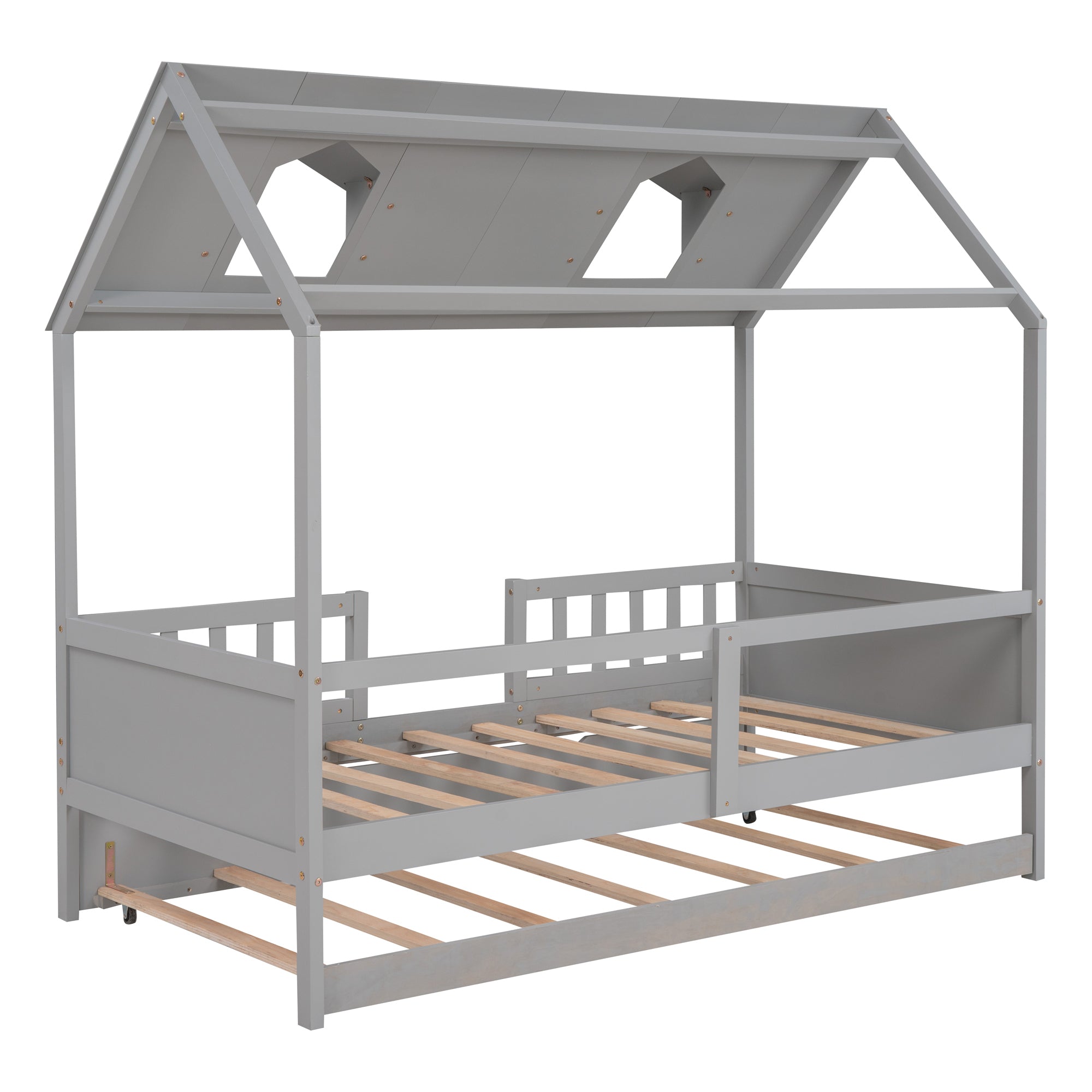 Twin Size House Bed Wood Bed with Twin Size Trundle ( Gray ) - Atlantic Fine Furniture Melbourne FL