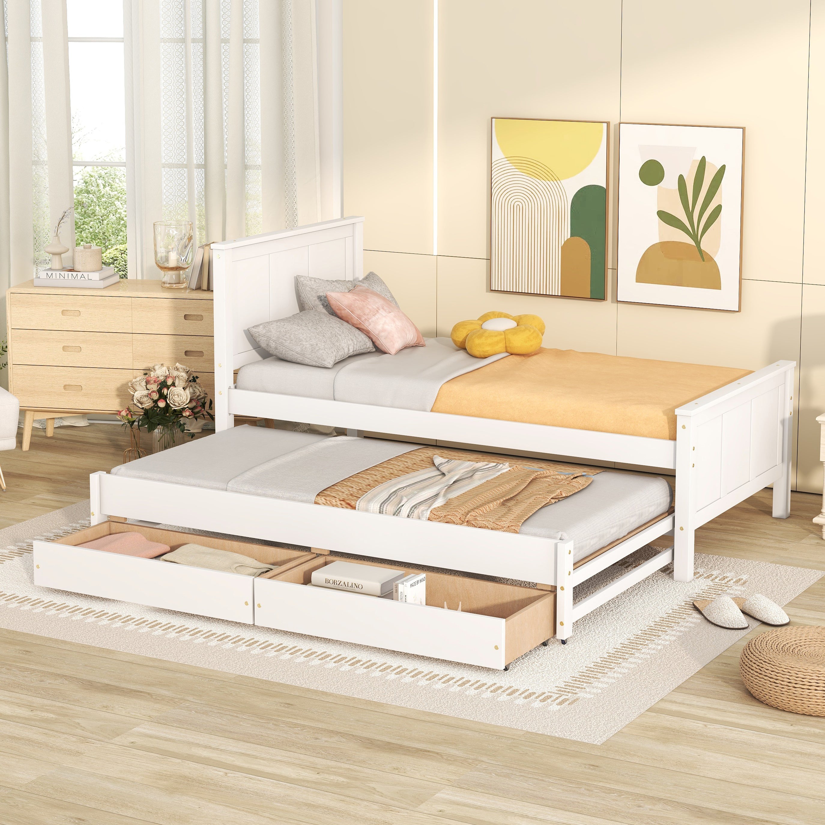 Twin Size Platform Bed with Trundle and Drawers, White - Atlantic Fine Furniture Melbourne FL