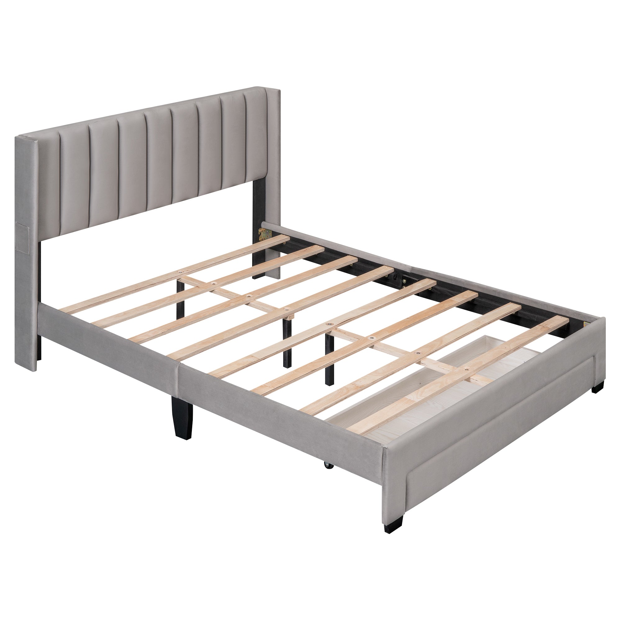 Queen Size Storage Bed Velvet Upholstered Platform Bed with a Big Drawer - Gray - Atlantic Fine Furniture Melbourne FL
