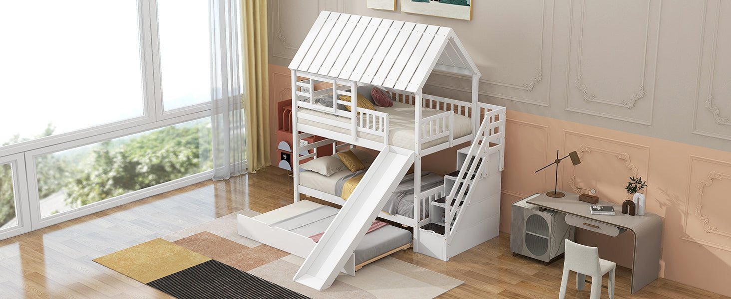 Twin over Twin House Bunk Bed with Trundle and Slide, Storage Staircase, Roof and Window Design, White(Old SKU: GX000931AAK) - Atlantic Fine Furniture Melbourne FL